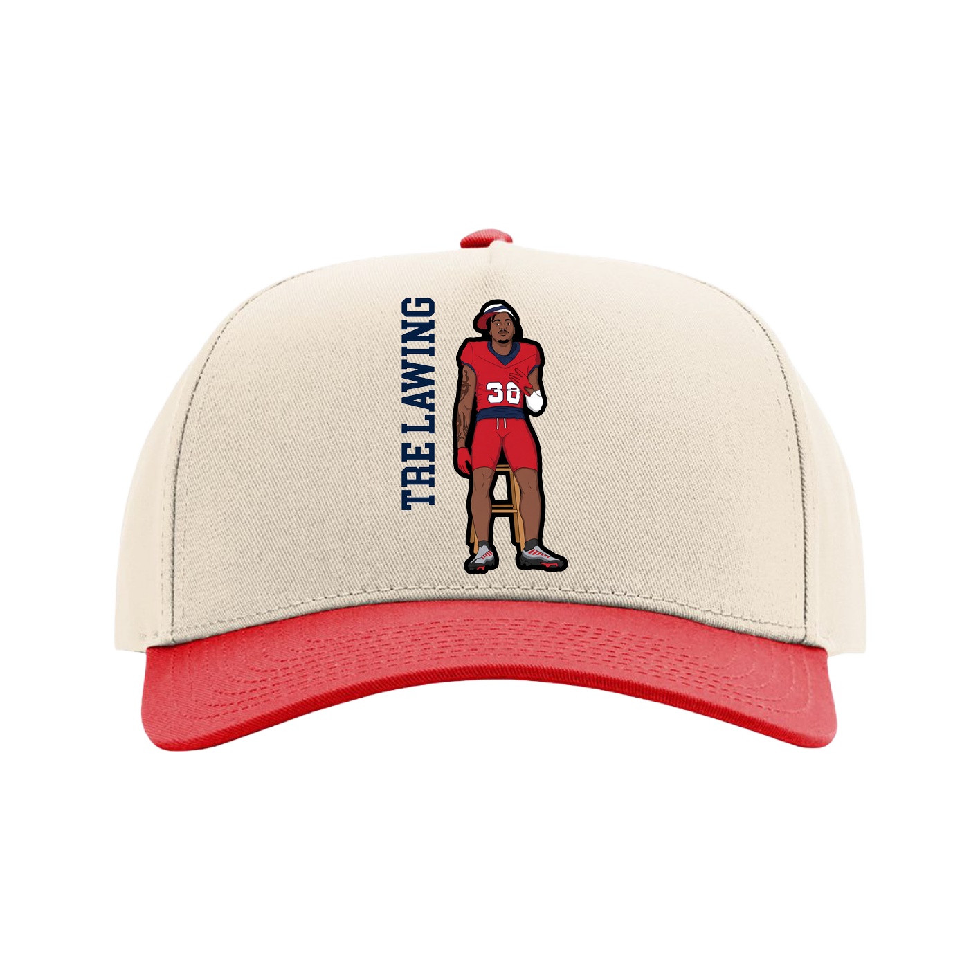 Full Fabric Five-Panel Champ Cap — Name Vertical in Cream/Red