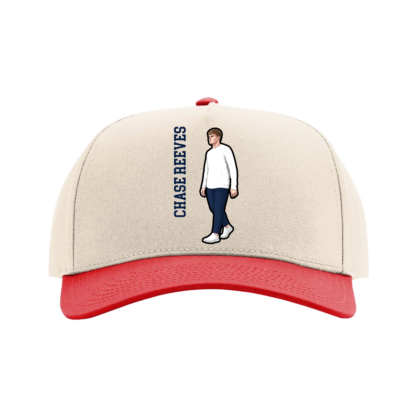 Full Fabric Five-Panel Champ Cap — Name Vertical in Cream/Red