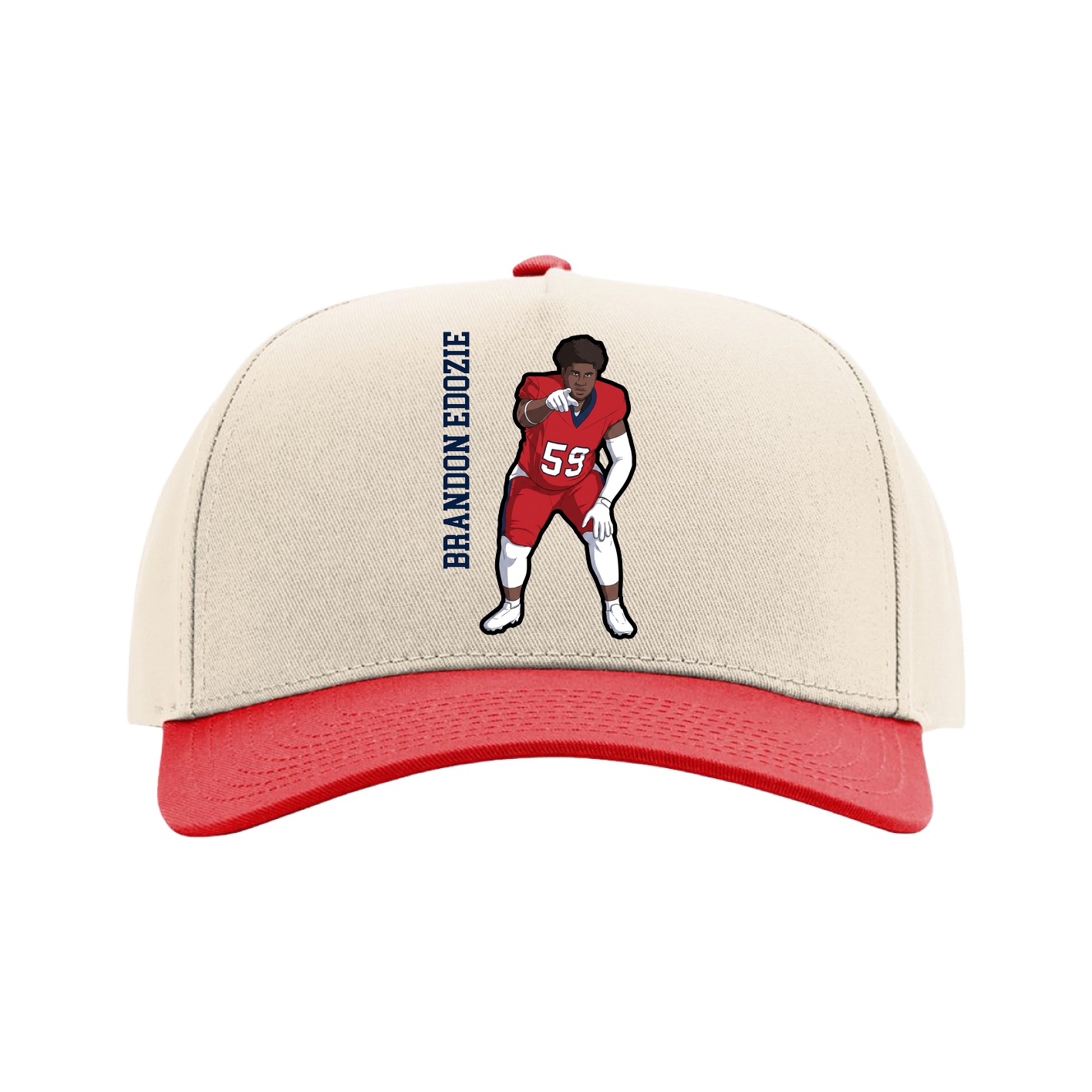 Full Fabric Five-Panel Champ Cap — Name Vertical in Cream/Red