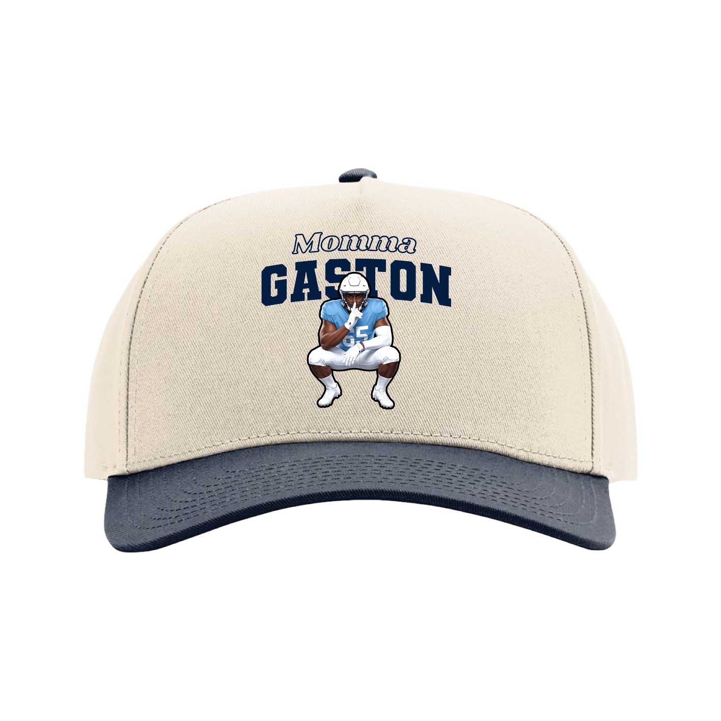 Full Fabric Five-Panel Champ Cap — Mothers Day Block in Cream/Navy