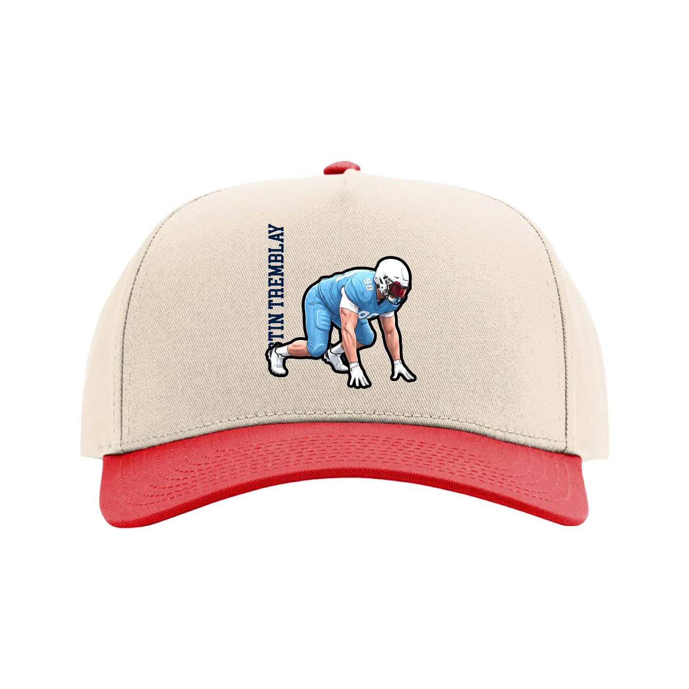 Full Fabric Five-Panel Champ Cap — Name Vertical in Cream/Red