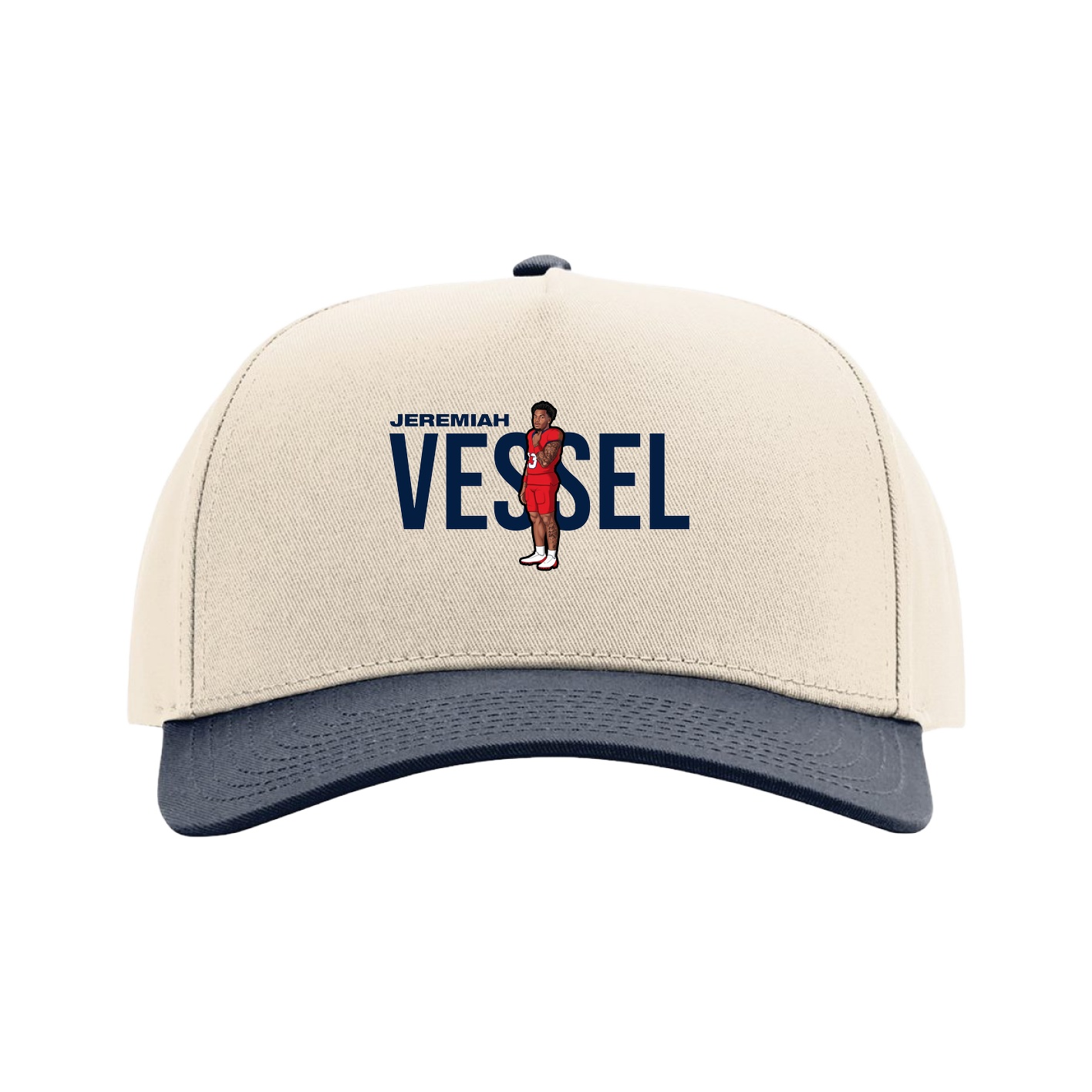 Full Fabric Five-Panel Champ Cap — Player Name in Cream/Navy