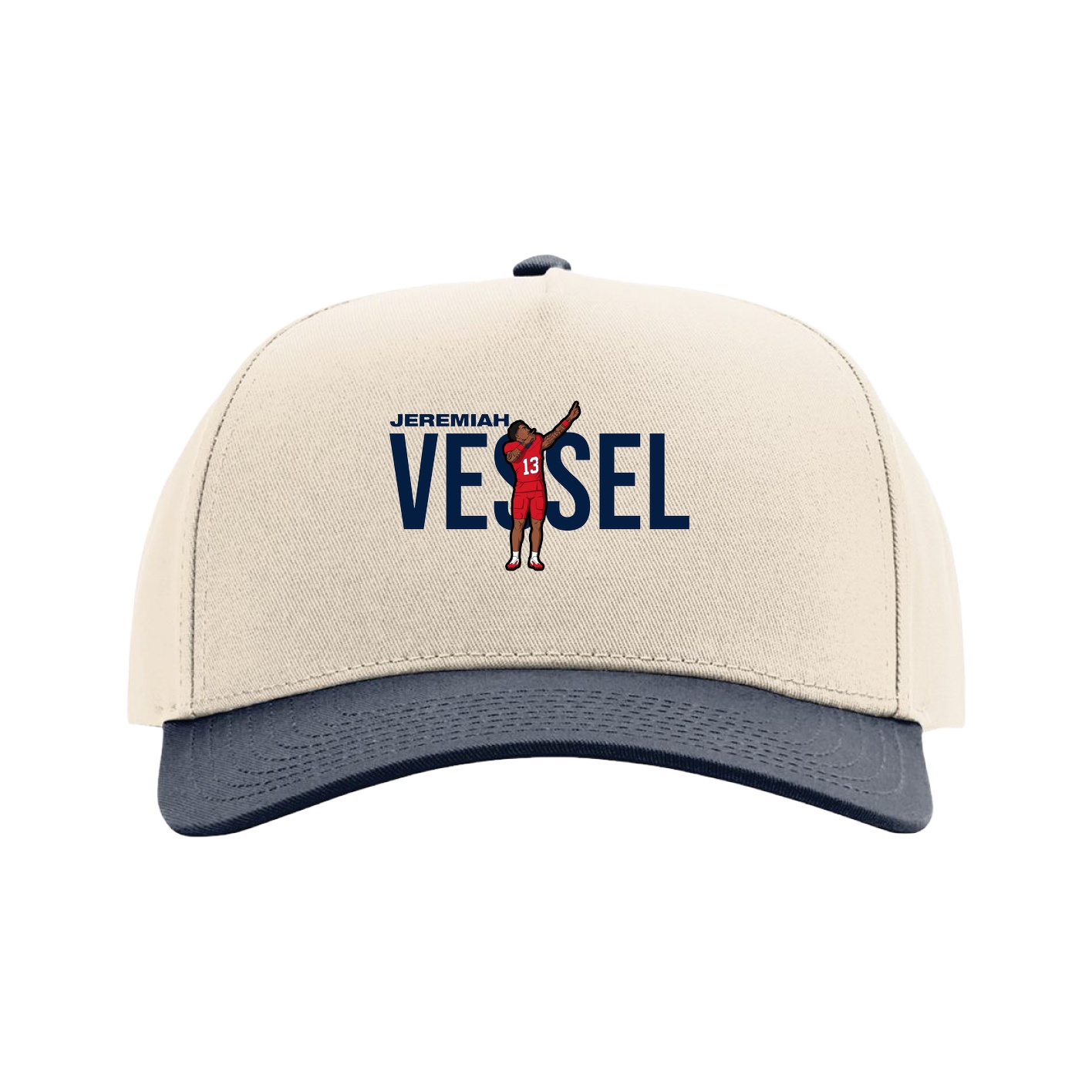 Full Fabric Five-Panel Champ Cap — Player Name in Cream/Navy
