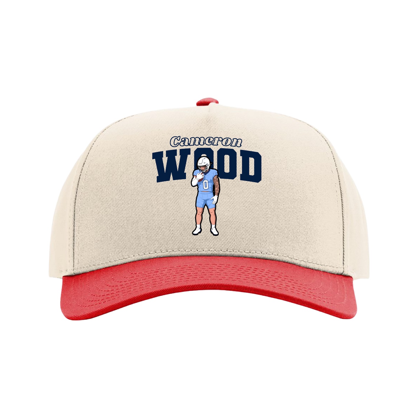 Full Fabric Five-Panel Champ Cap — Name Arch in Cream/Red