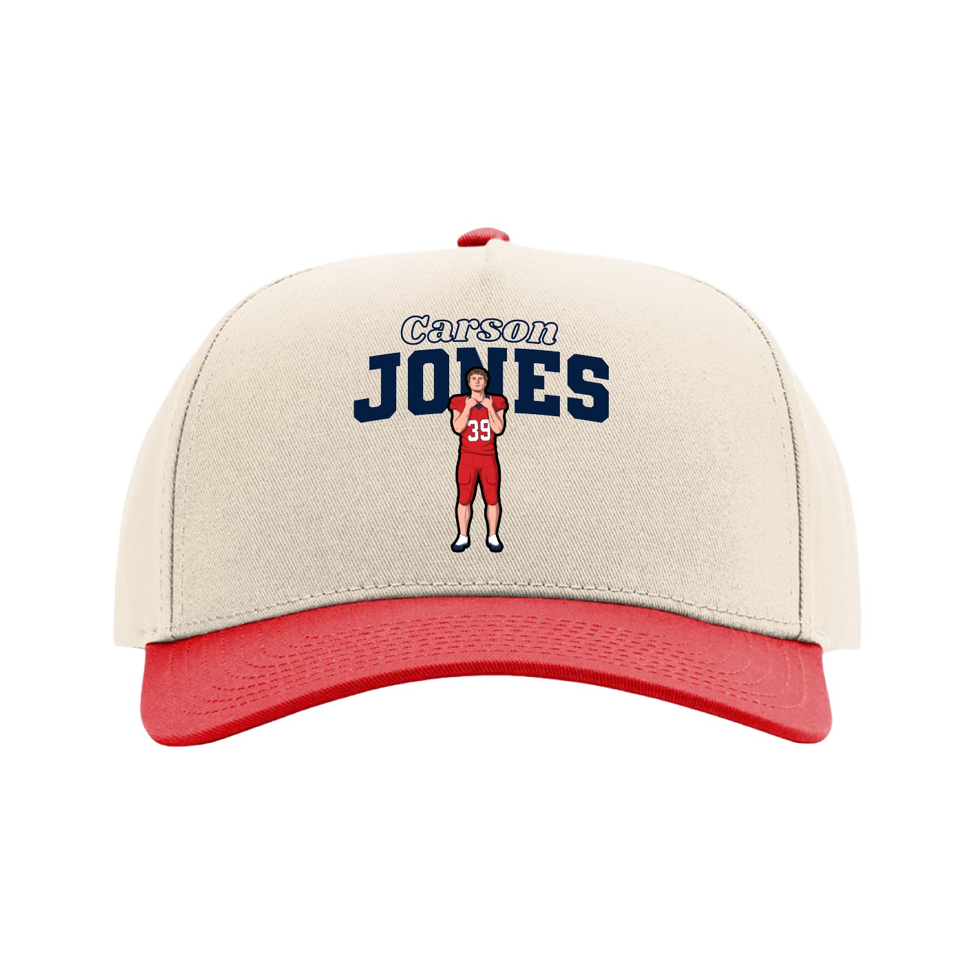 Full Fabric Five-Panel Champ Cap — Name Arch in Cream/Red