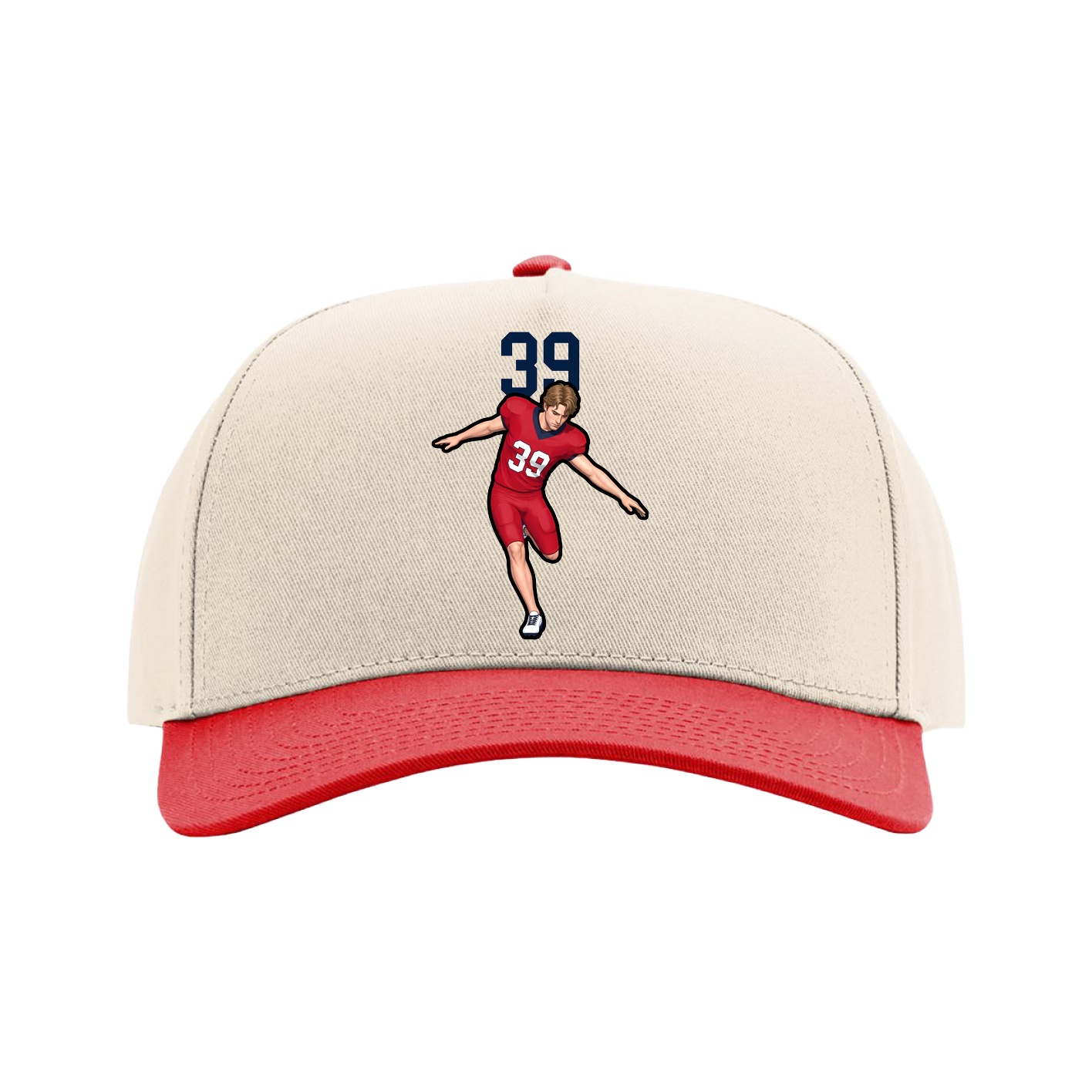Full Fabric Five-Panel Champ Cap — Number Top in Cream/Red