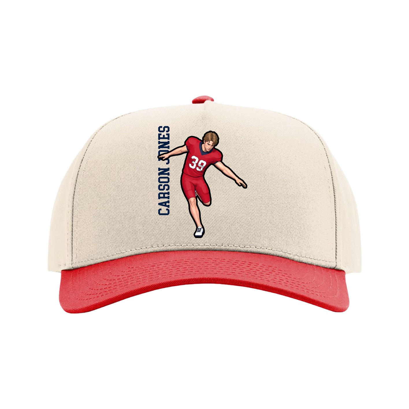 Full Fabric Five-Panel Champ Cap — Name Vertical in Cream/Red