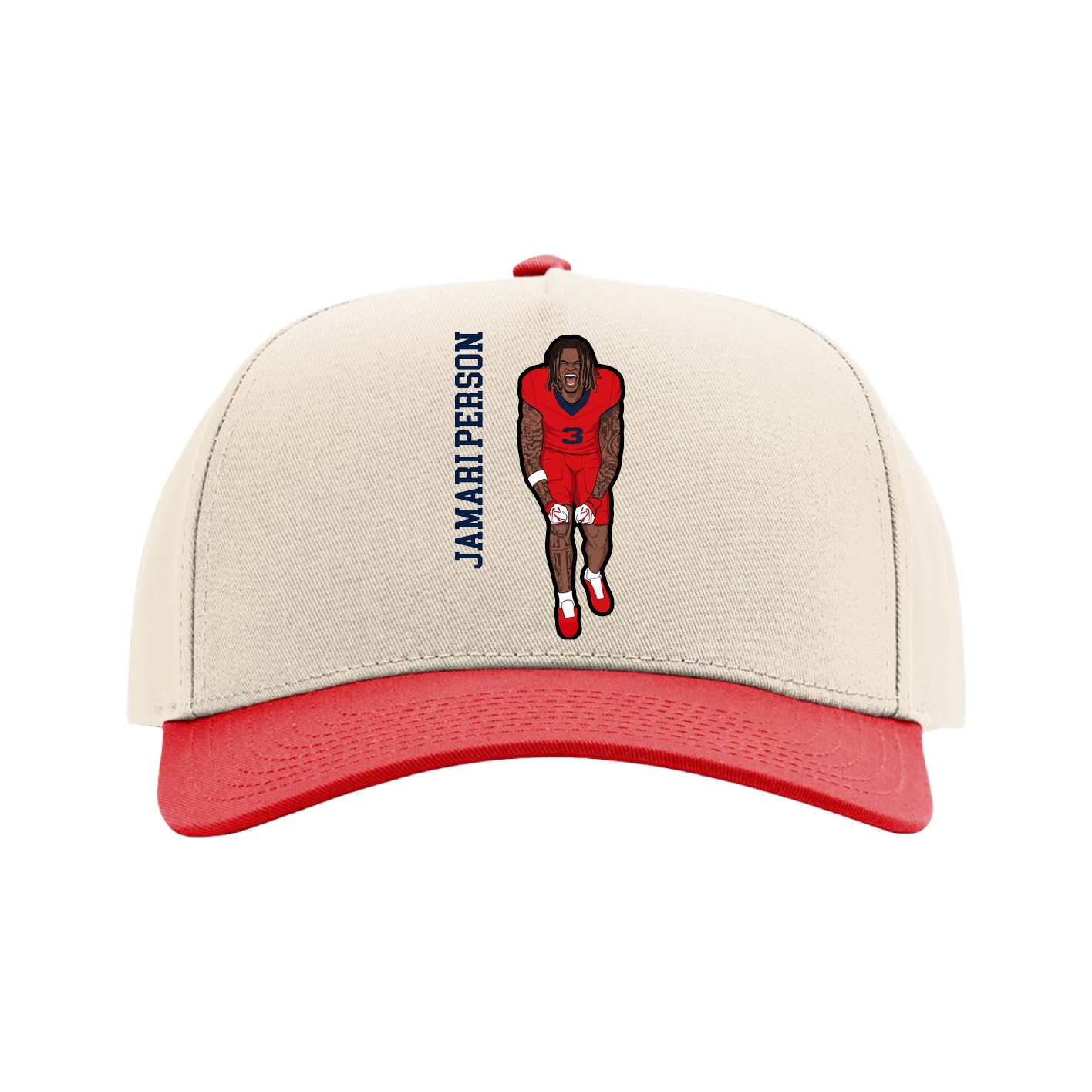 Full Fabric Five-Panel Champ Cap — Name Vertical in Cream/Red