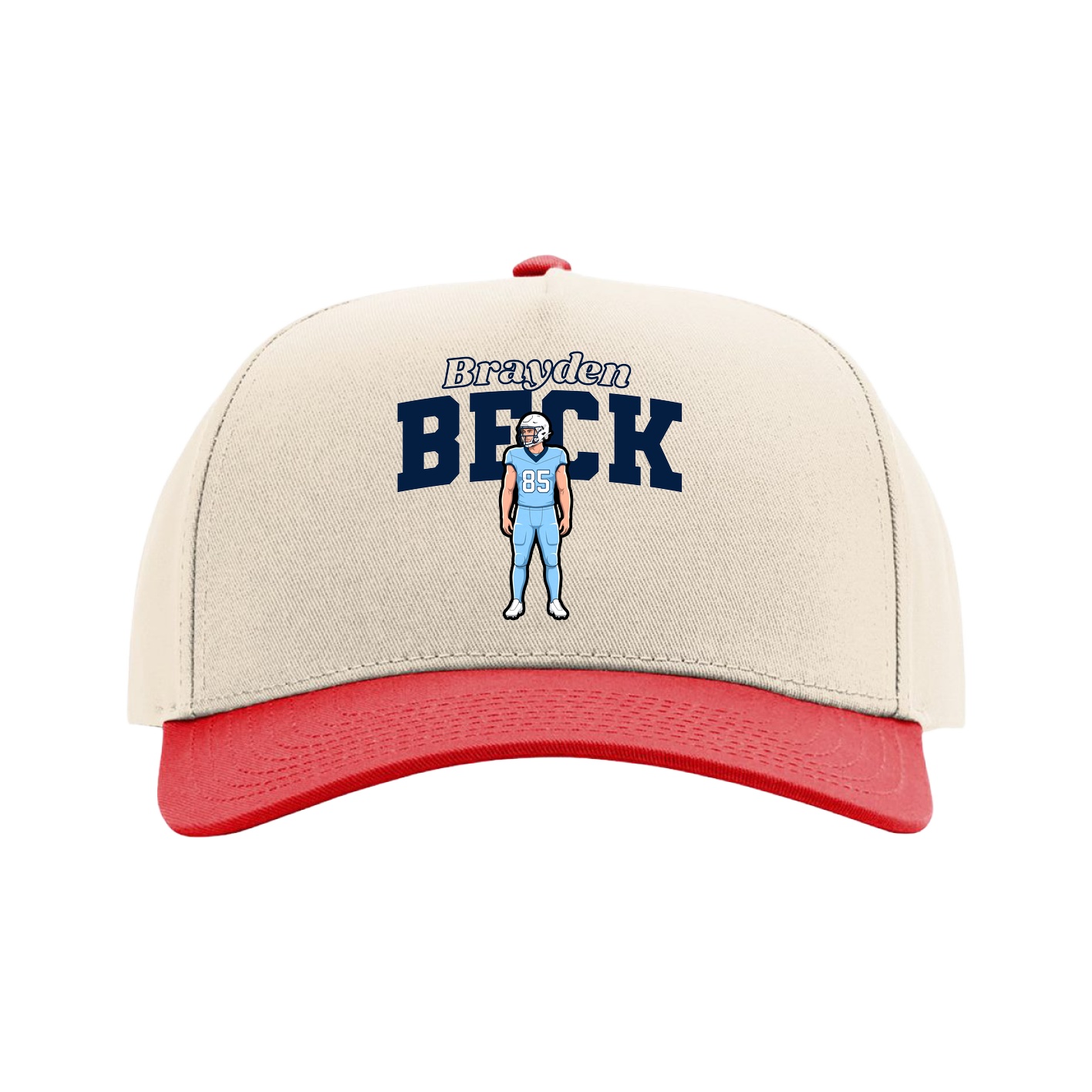 Full Fabric Five-Panel Champ Cap — Name Arch in Cream/Red