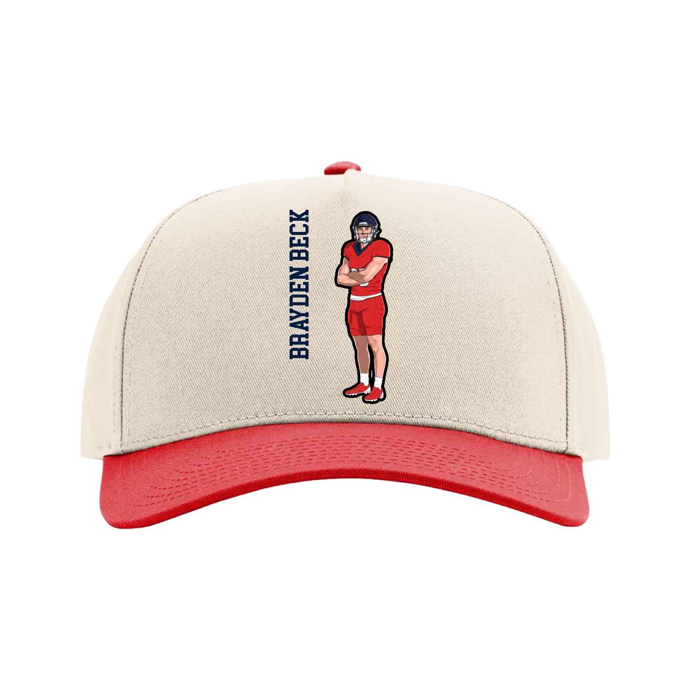 Full Fabric Five-Panel Champ Cap — Name Vertical in Cream/Red