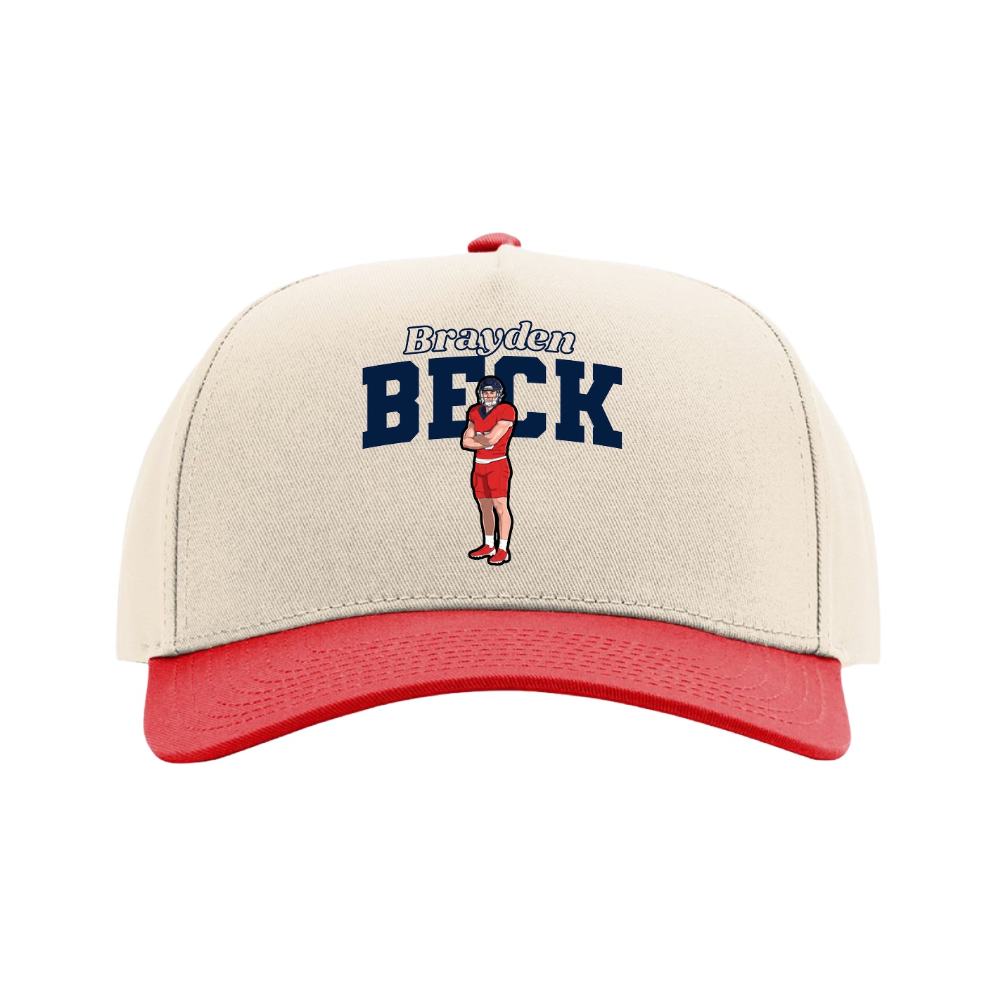 Full Fabric Five-Panel Champ Cap — Name Arch in Cream/Red