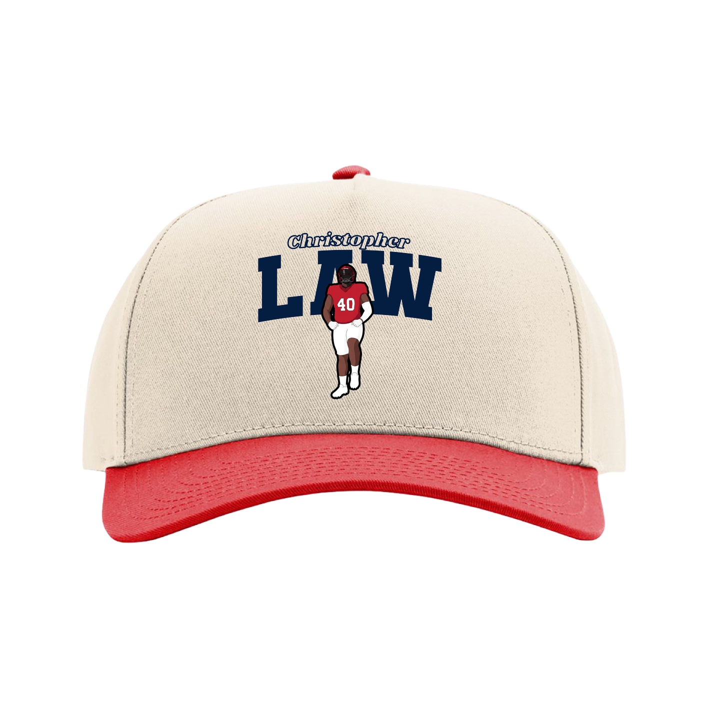 Full Fabric Five-Panel Champ Cap — Name Arch in Cream/Red