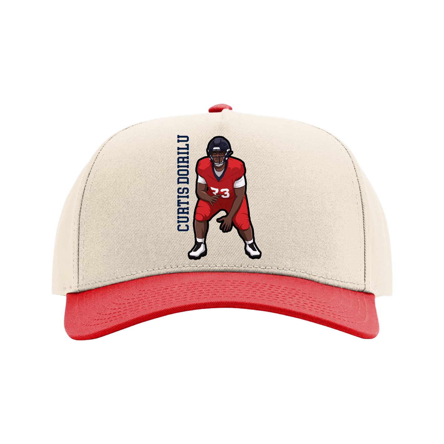 Full Fabric Five-Panel Champ Cap — Name Vertical in Cream/Red