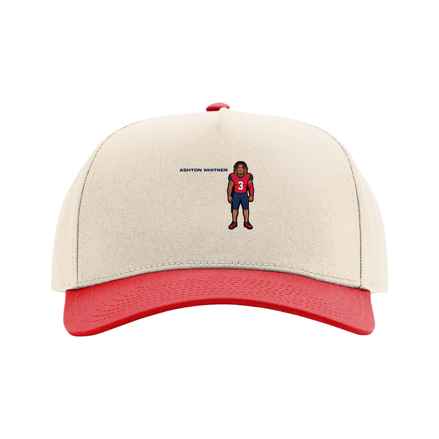 Full Fabric Five-Panel Champ Cap — Player Name in Cream/Red