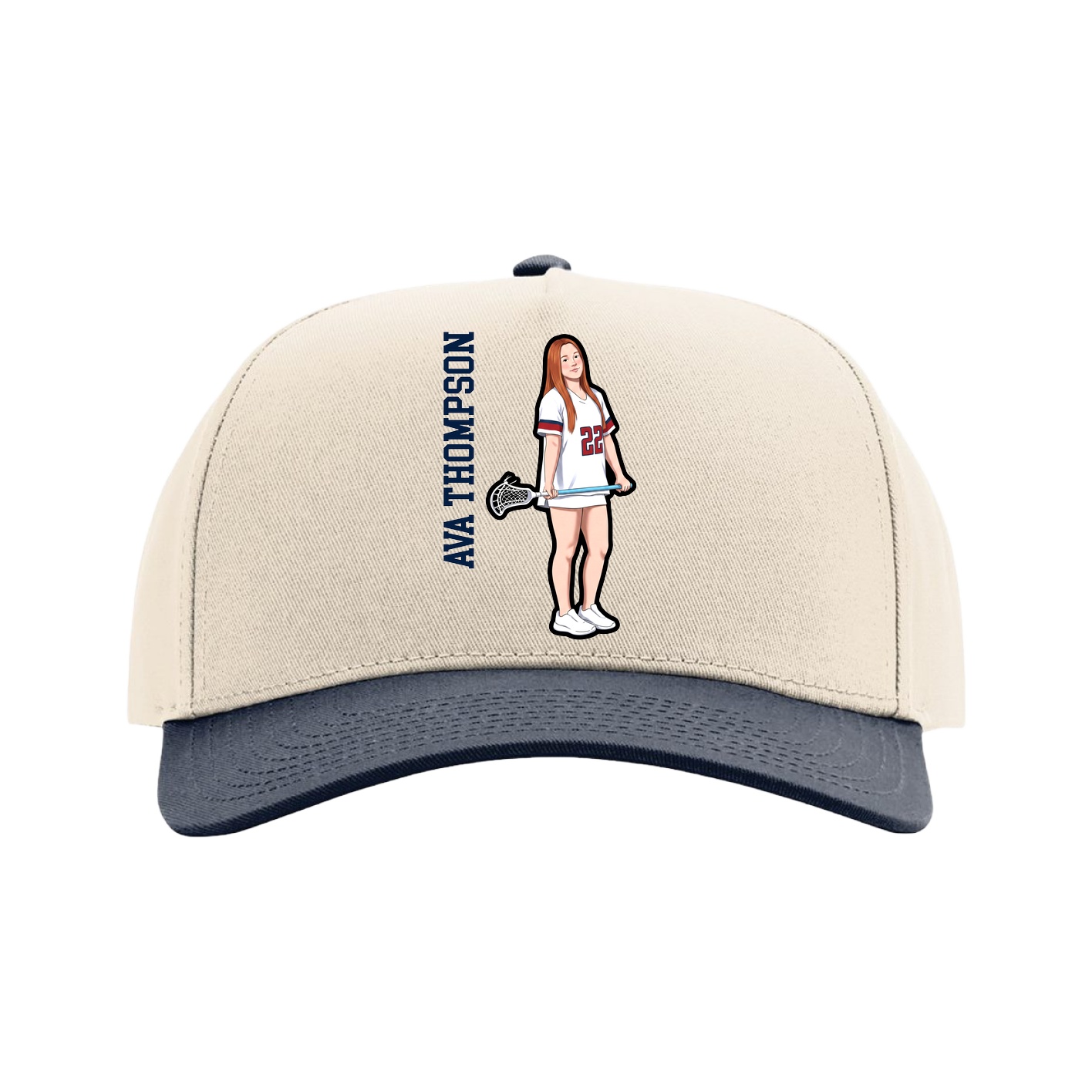 Full Fabric Five-Panel Champ Cap — Name Vertical in Cream/Navy