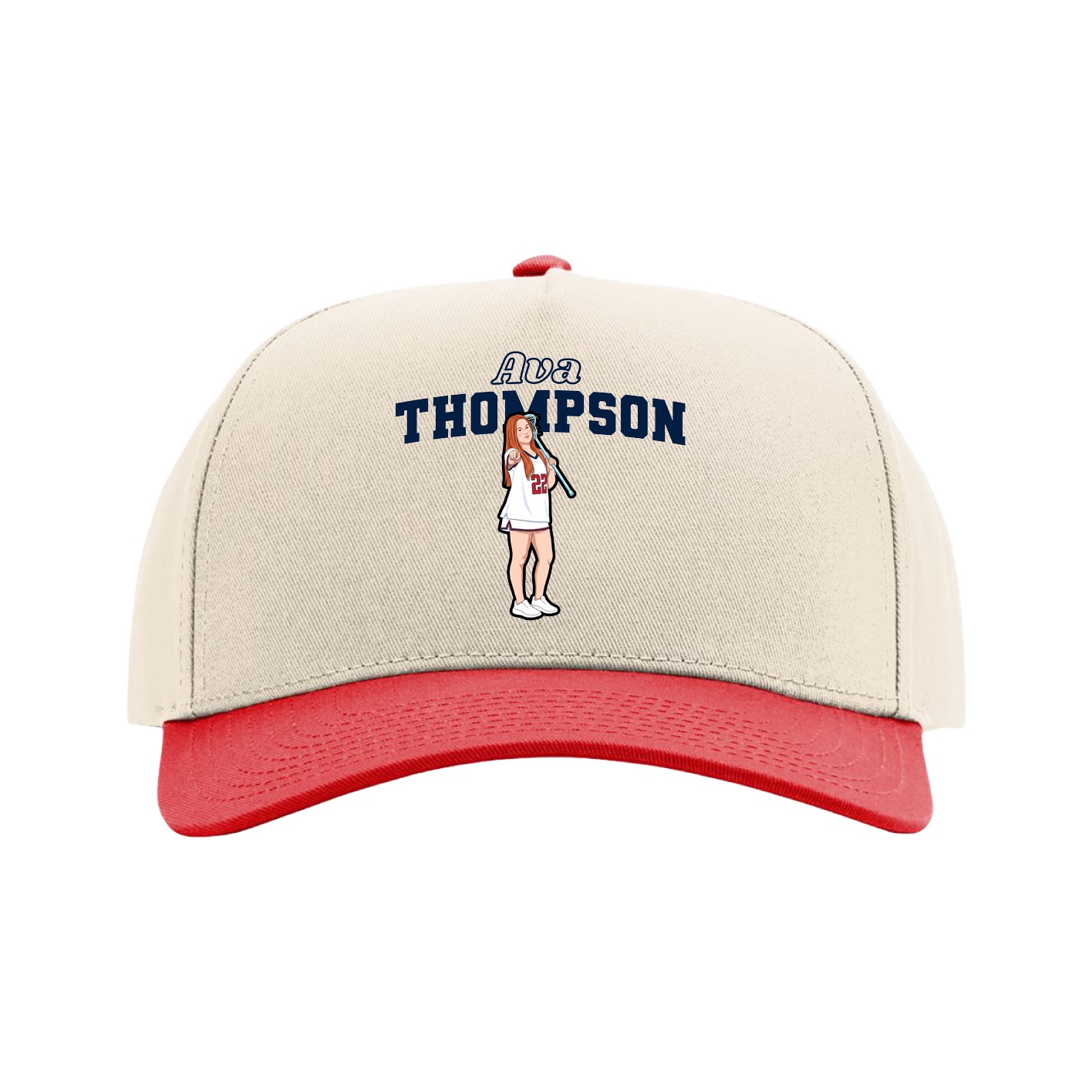 Full Fabric Five-Panel Champ Cap — Name Arch in Cream/Red