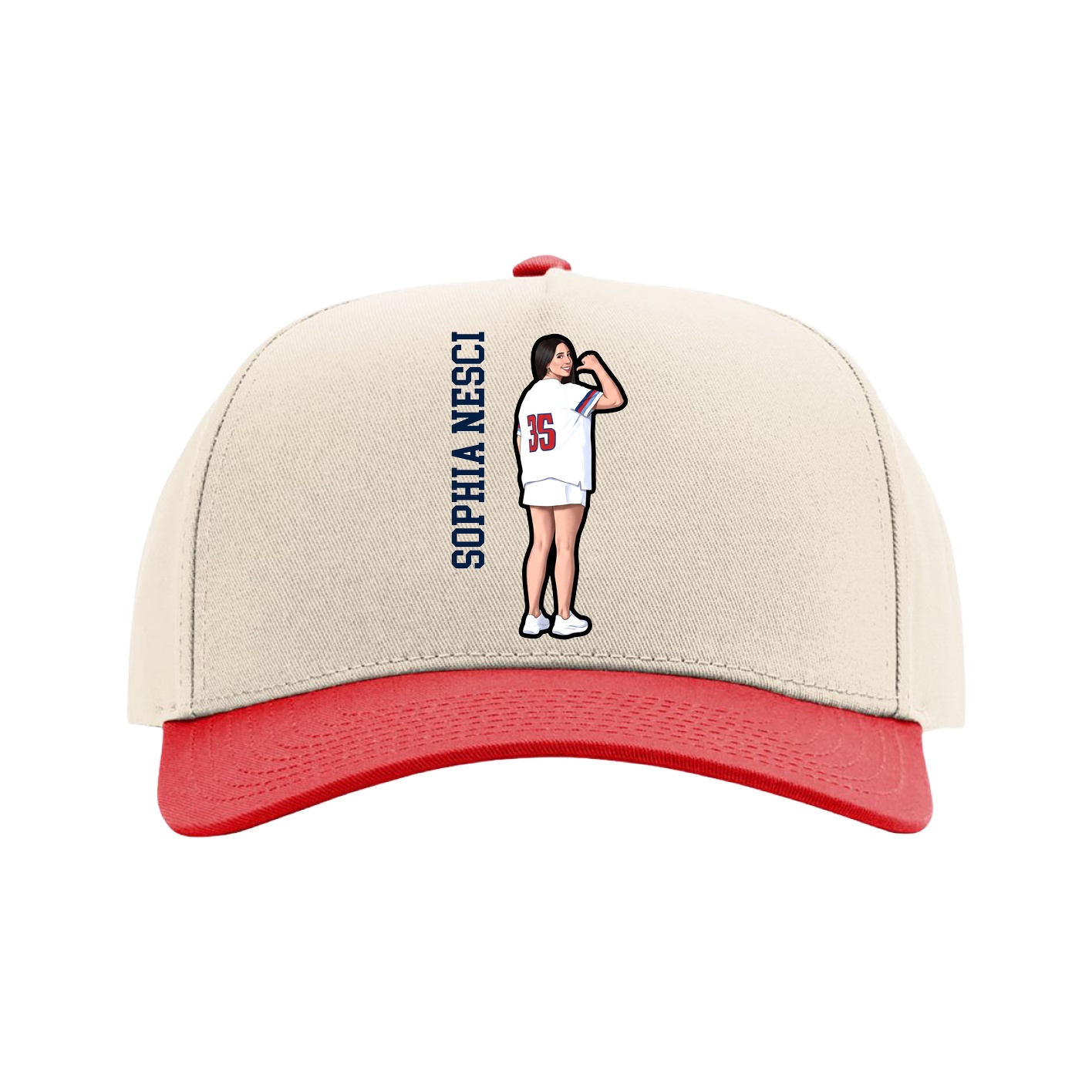 Full Fabric Five-Panel Champ Cap — Name Vertical in Cream/Red