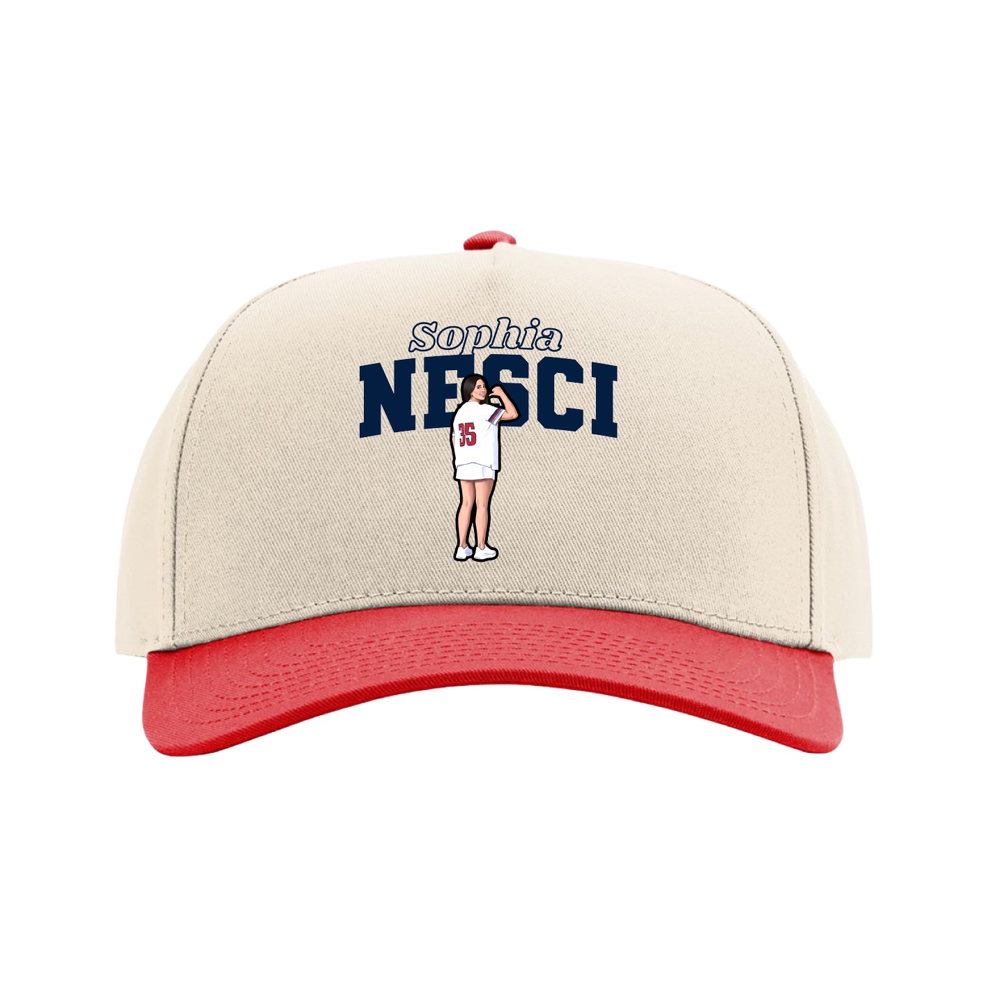 Full Fabric Five-Panel Champ Cap — Name Arch in Cream/Red