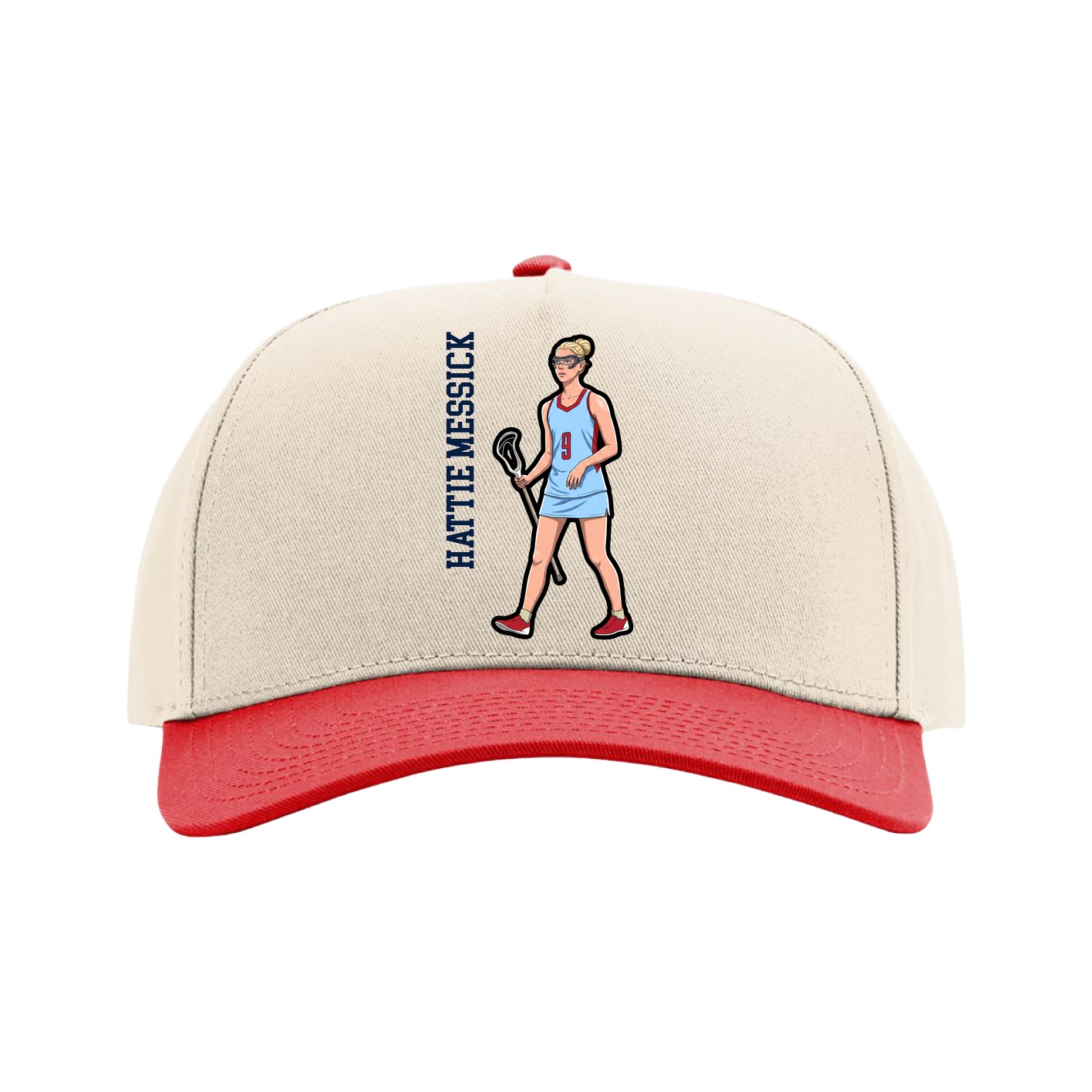 Full Fabric Five-Panel Champ Cap — Name Vertical in Cream/Red
