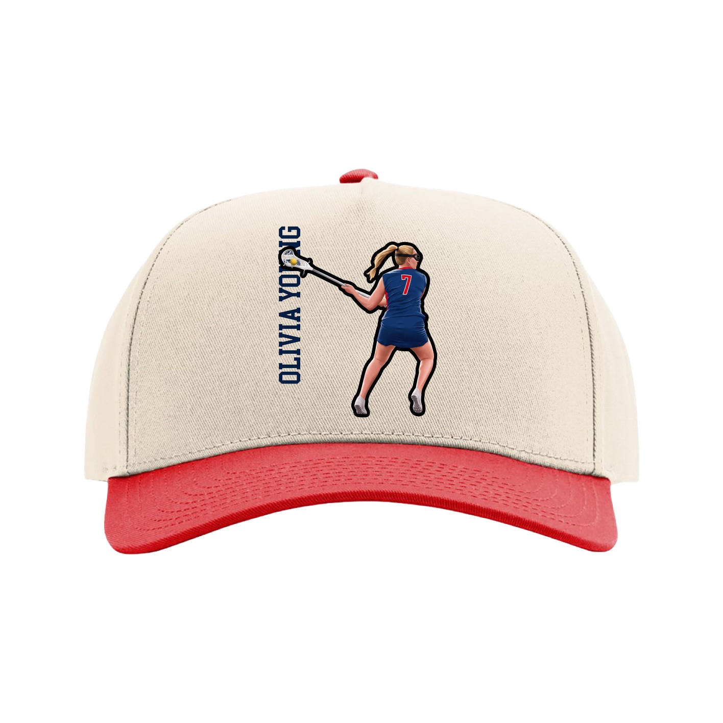 Full Fabric Five-Panel Champ Cap — Name Vertical in Cream/Red