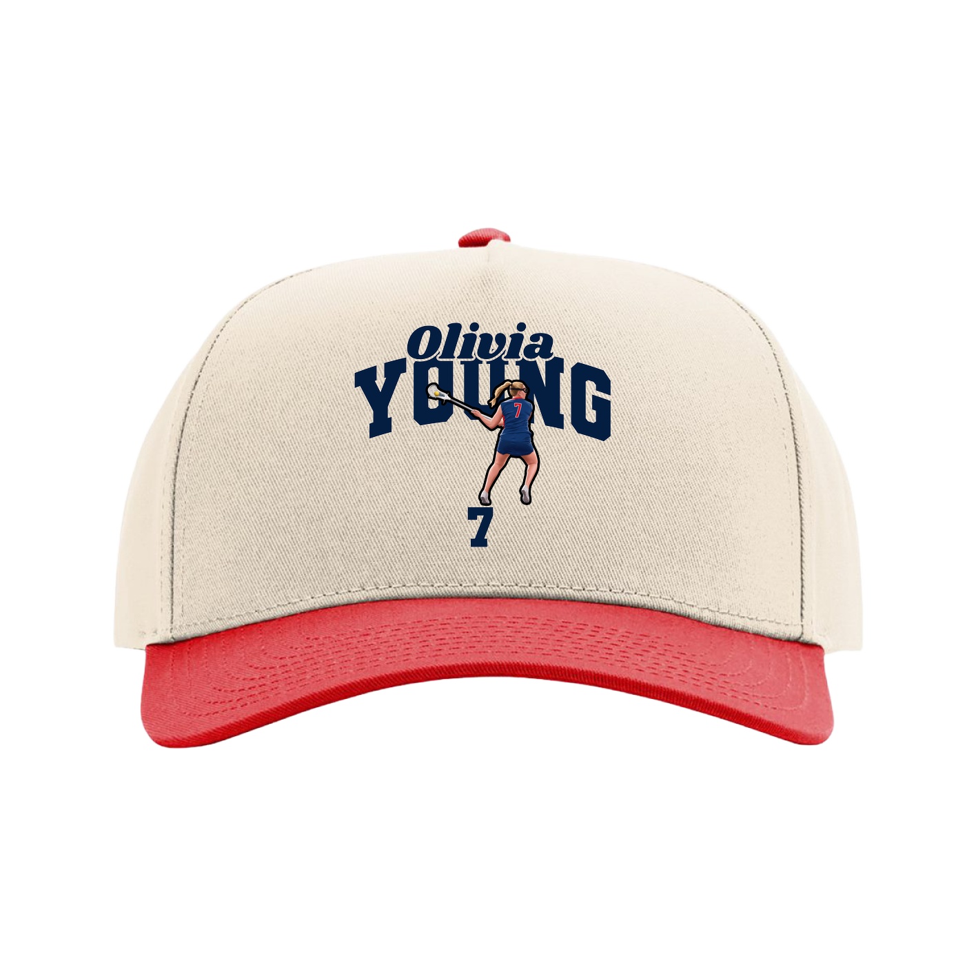 Full Fabric Five-Panel Champ Cap — Signature Arch in Cream/Red