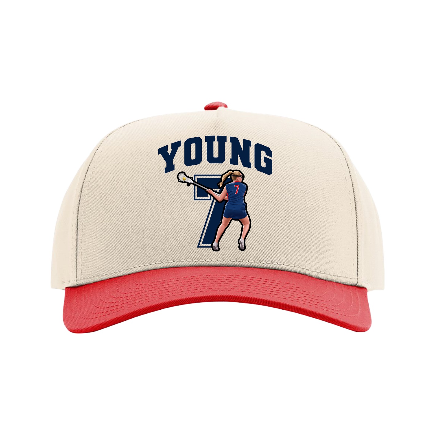 Full Fabric Five-Panel Champ Cap — Number in Cream/Red