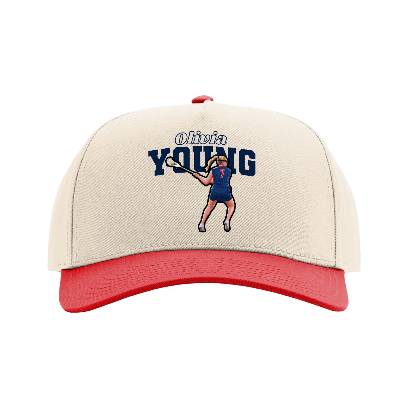 Full Fabric Five-Panel Champ Cap — Name Arch in Cream/Red