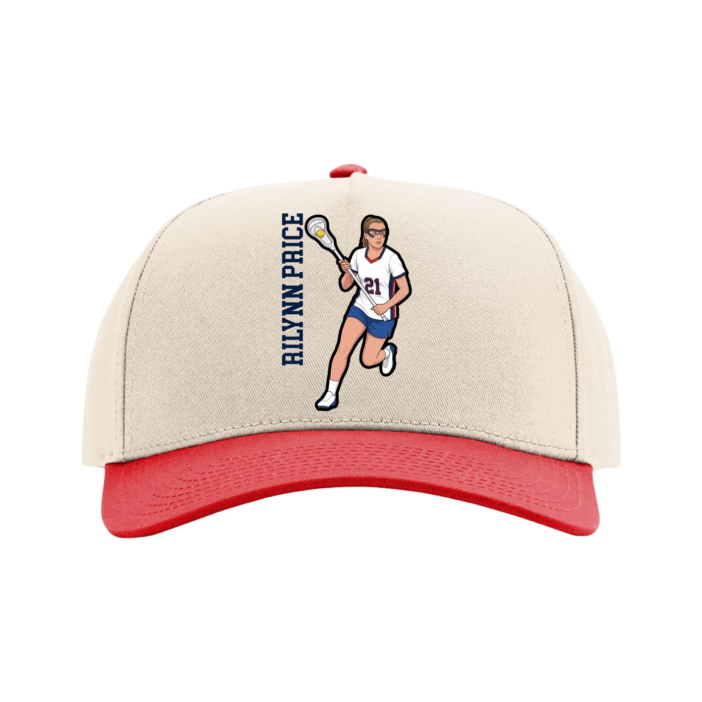 Full Fabric Five-Panel Champ Cap — Name Vertical in Cream/Red