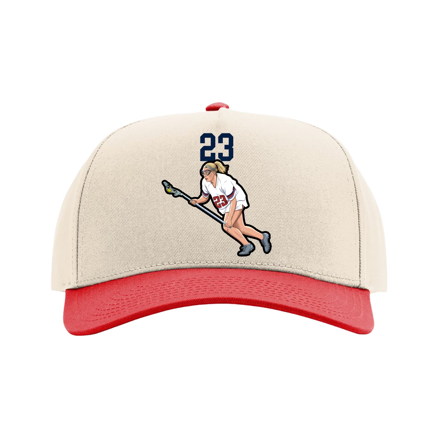 Full Fabric Five-Panel Champ Cap — Number Top in Cream/Red