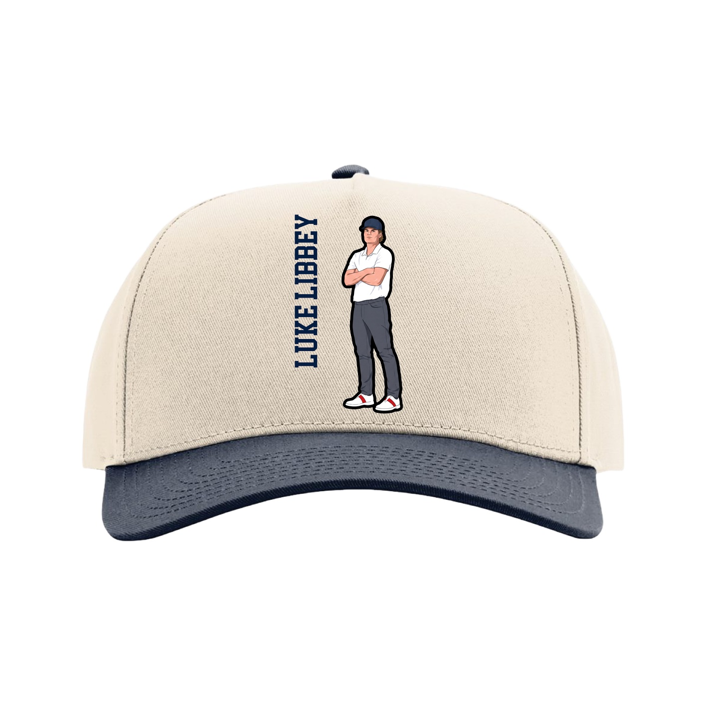 Full Fabric Five-Panel Champ Cap — Name Vertical in Cream/Navy