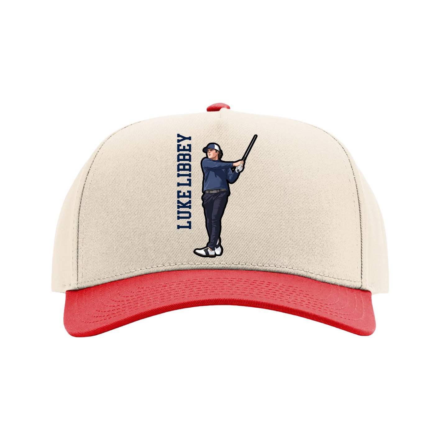 Full Fabric Five-Panel Champ Cap — Name Vertical in Cream/Red