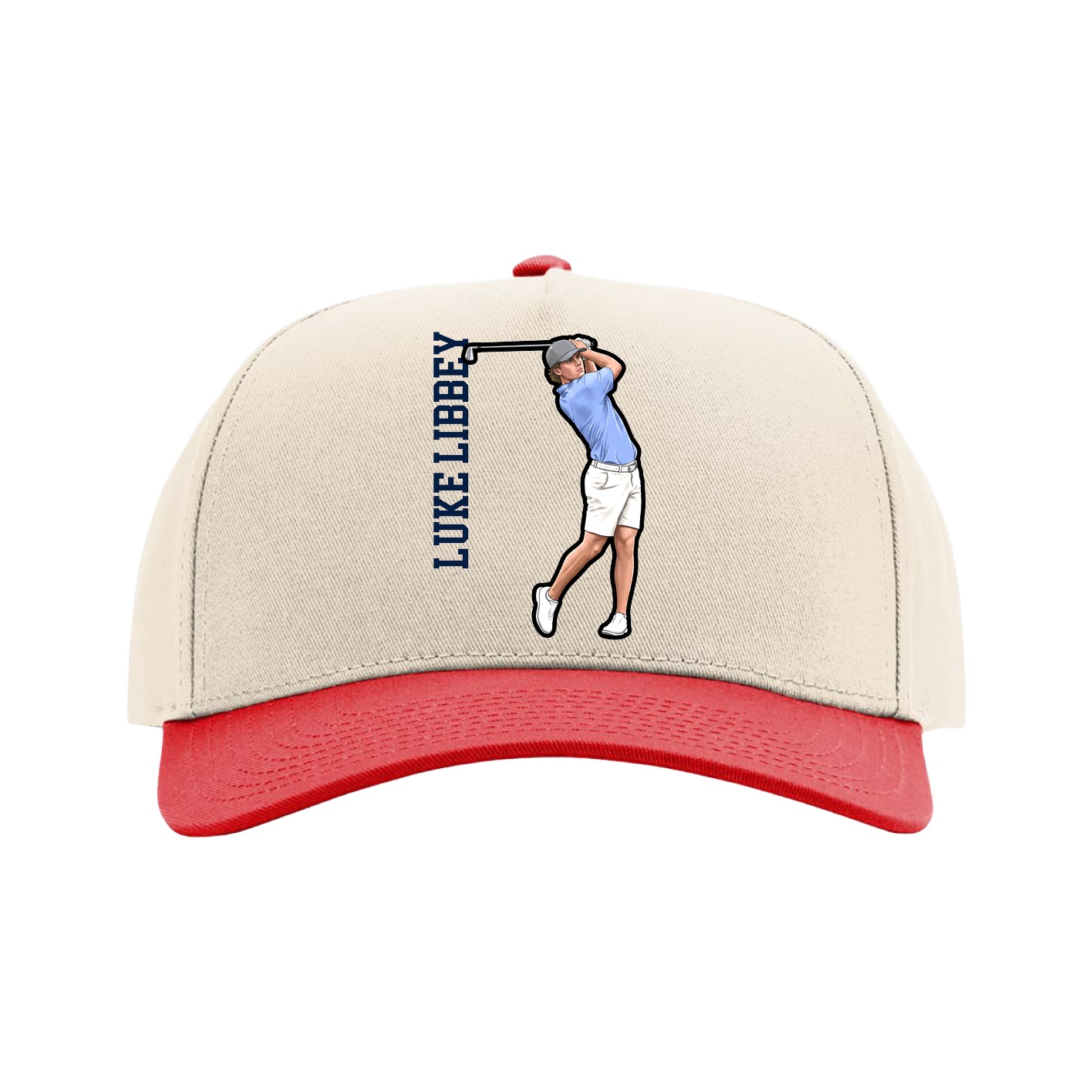Full Fabric Five-Panel Champ Cap — Name Vertical in Cream/Red