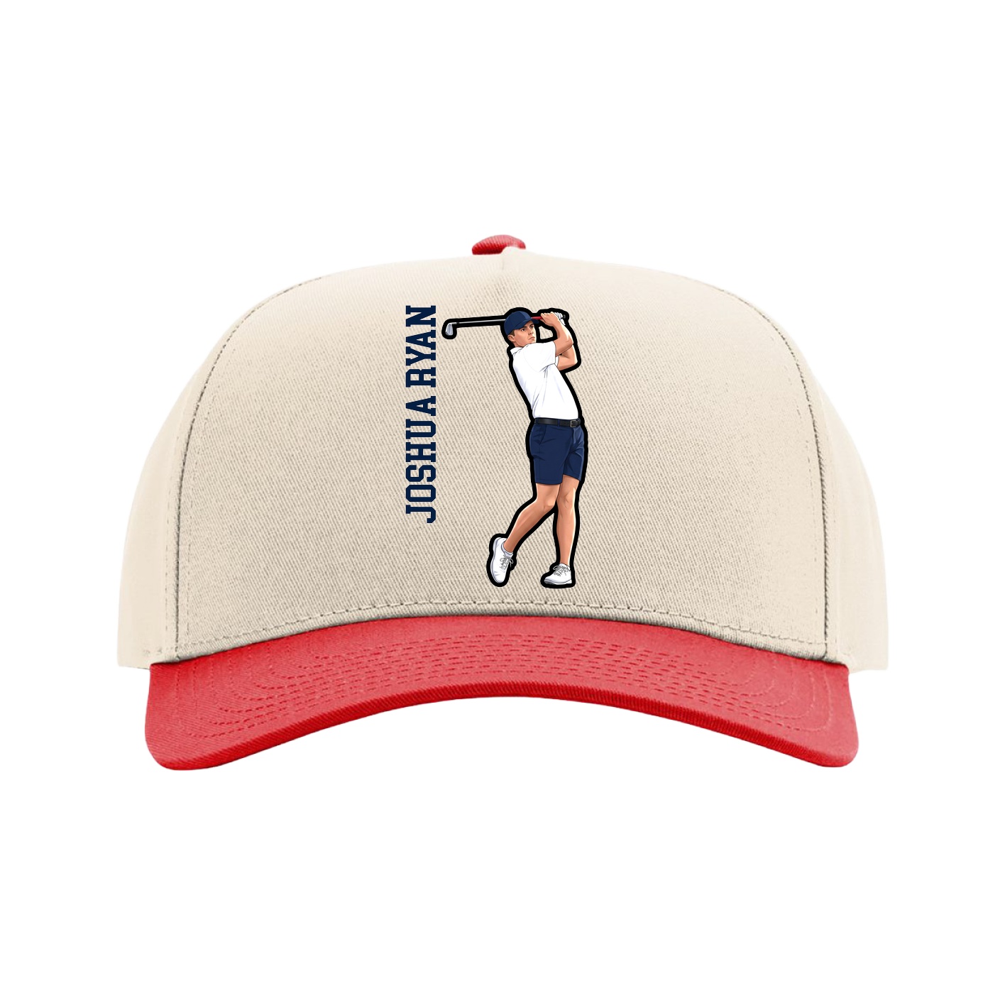 Full Fabric Five-Panel Champ Cap — Name Vertical in Cream/Red