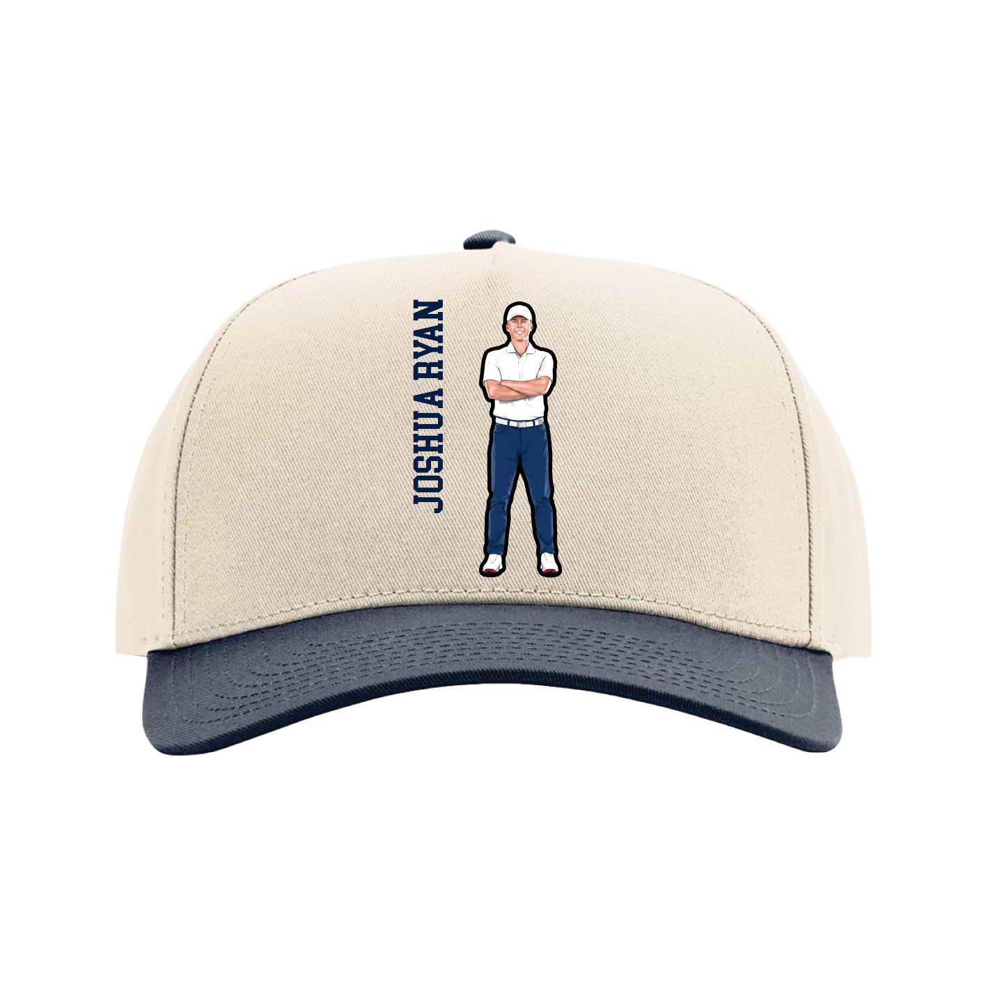 Full Fabric Five-Panel Champ Cap — Name Vertical in Cream/Navy