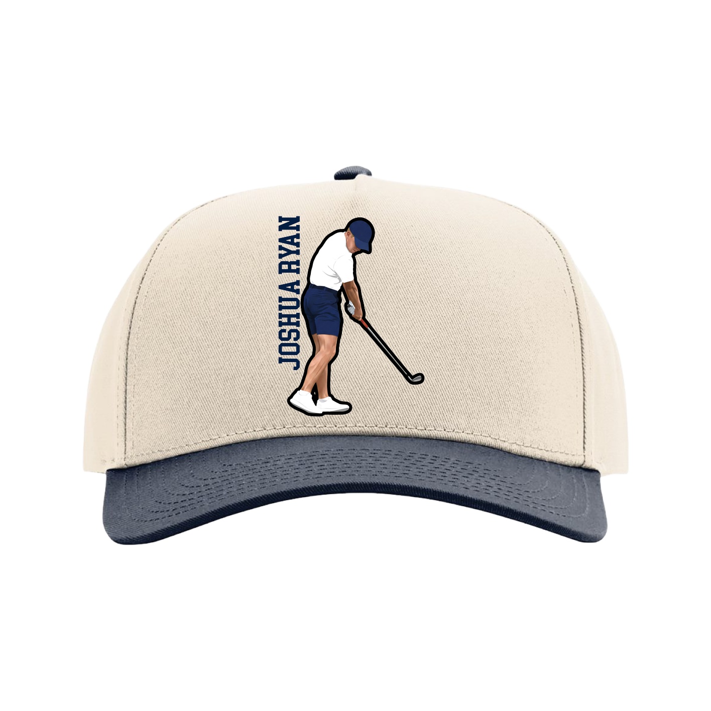 Full Fabric Five-Panel Champ Cap — Name Vertical in Cream/Navy