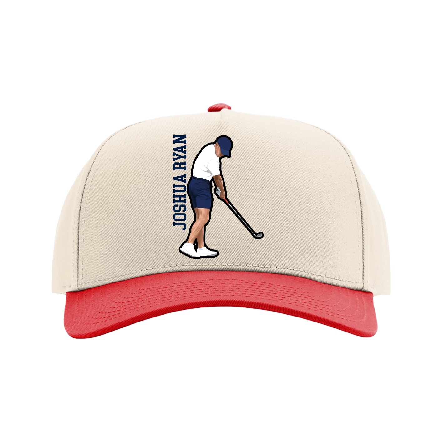 Full Fabric Five-Panel Champ Cap — Name Vertical in Cream/Red