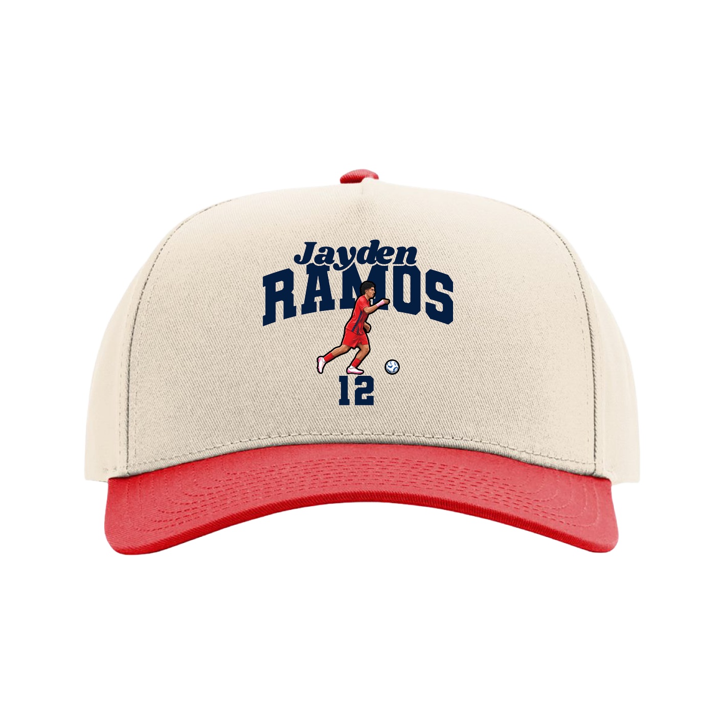 Full Fabric Five-Panel Champ Cap — Signature Arch in Cream/Red