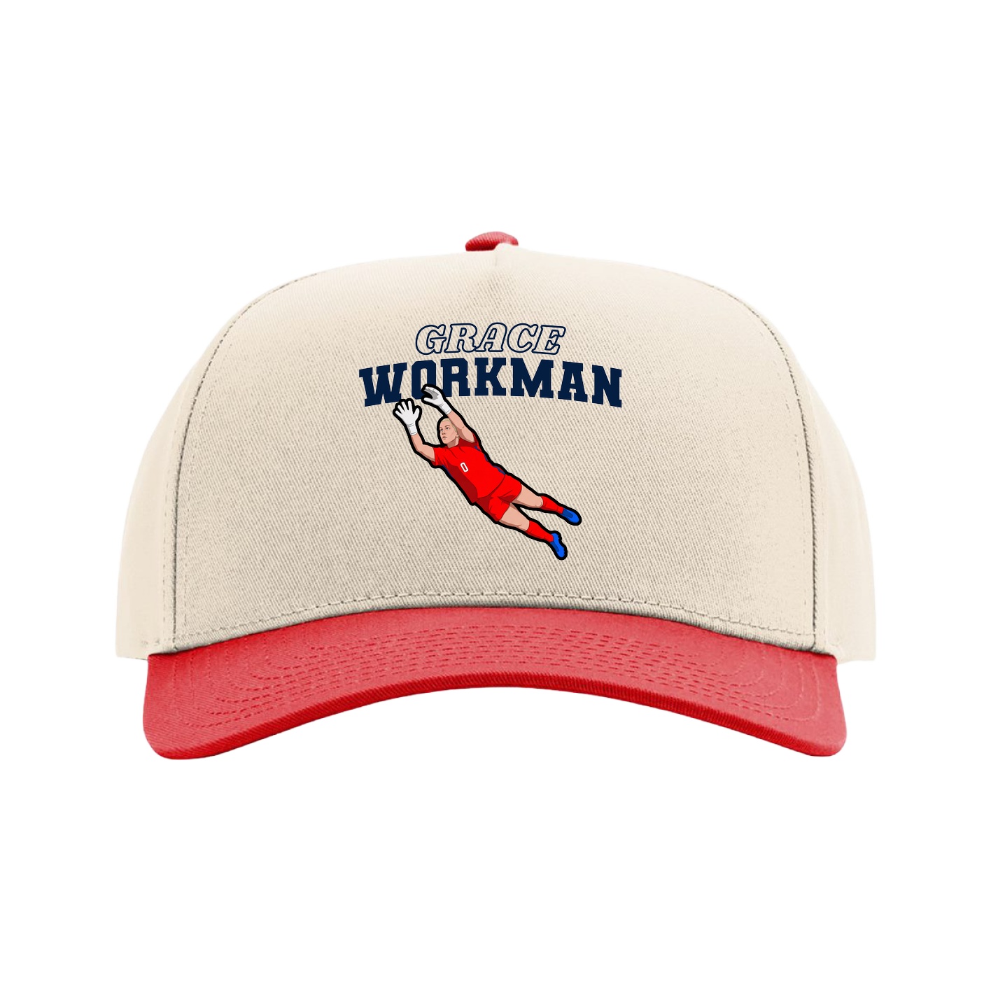 Full Fabric Five-Panel Champ Cap — Name Arch in Cream/Red