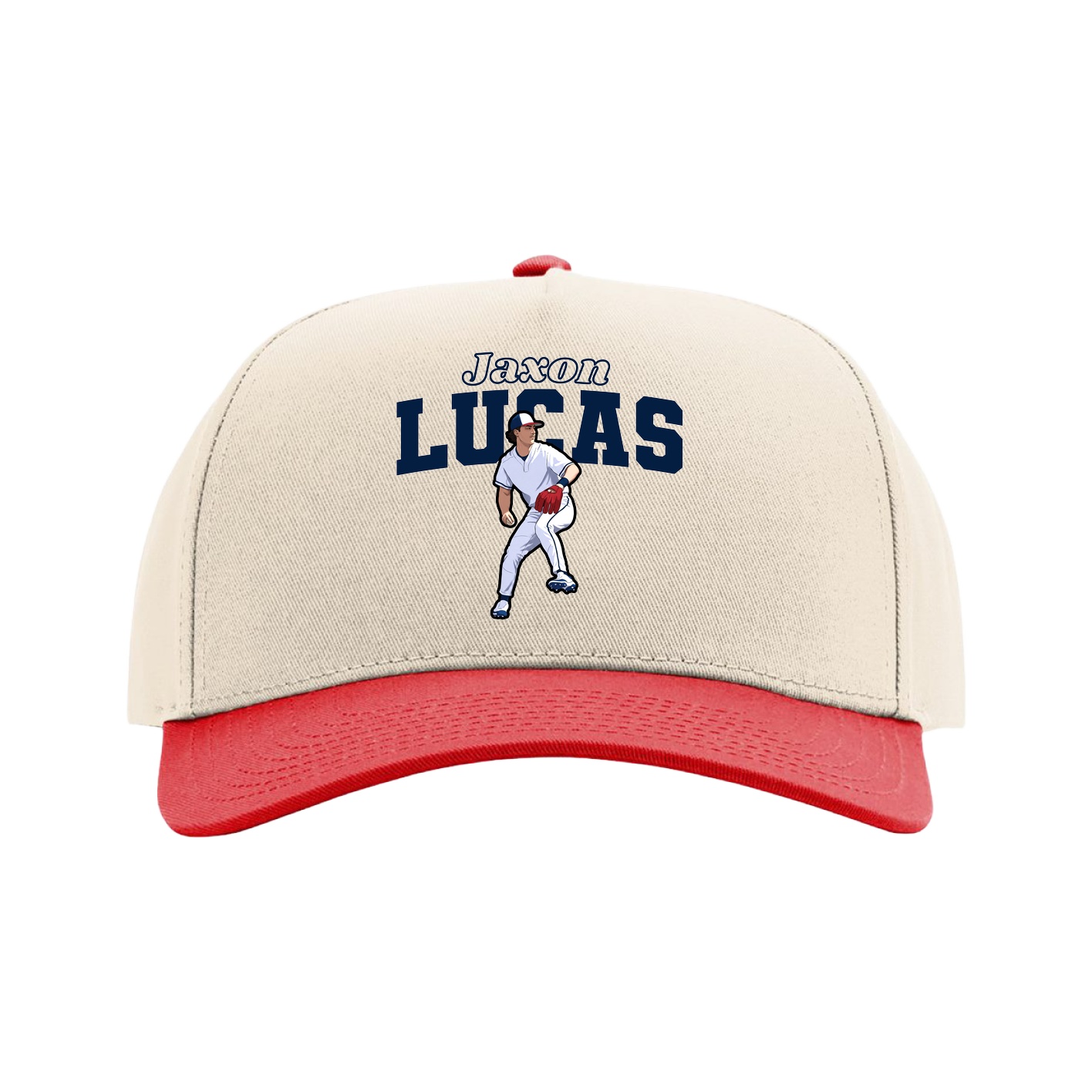 Full Fabric Five-Panel Champ Cap — Name Arch in Cream/Red