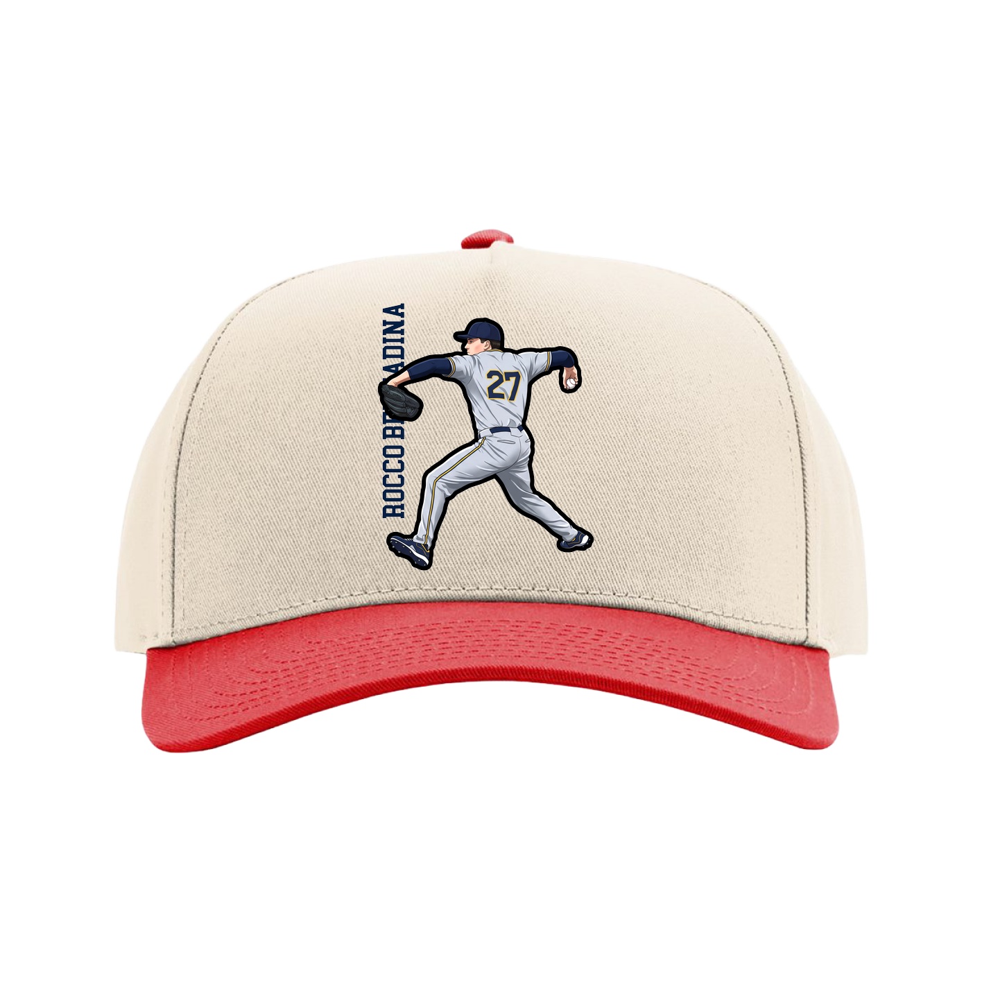 Full Fabric Five-Panel Champ Cap — Name Vertical in Cream/Red