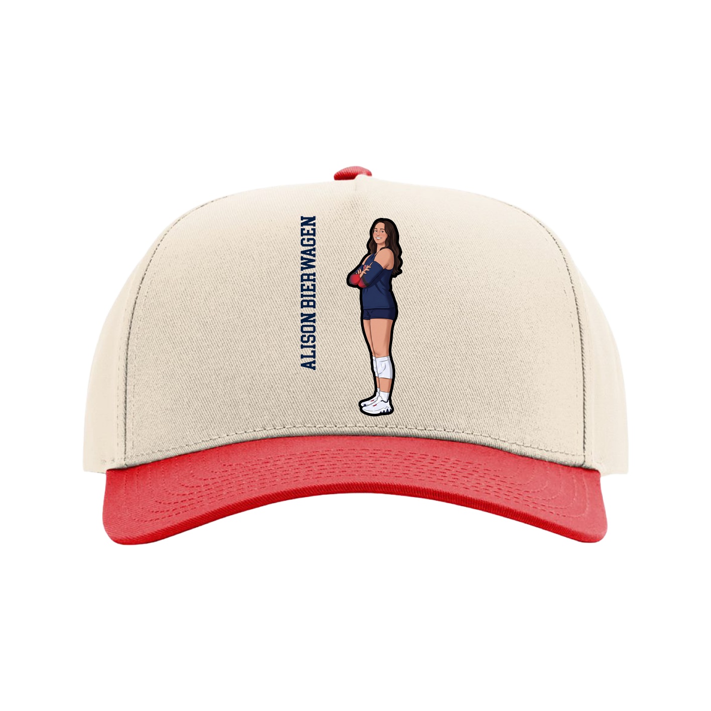 Full Fabric Five-Panel Champ Cap — Name Vertical in Cream/Red