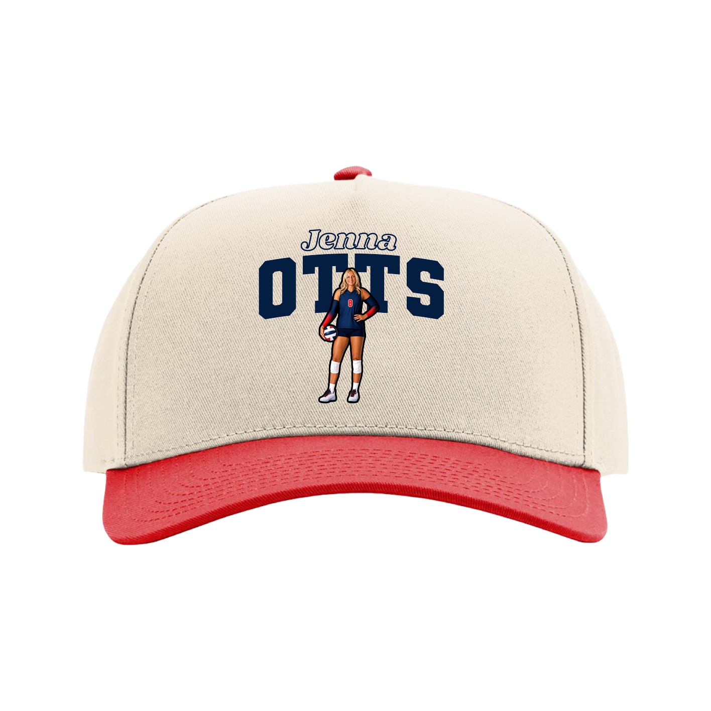 Full Fabric Five-Panel Champ Cap — Name Arch in Cream/Red
