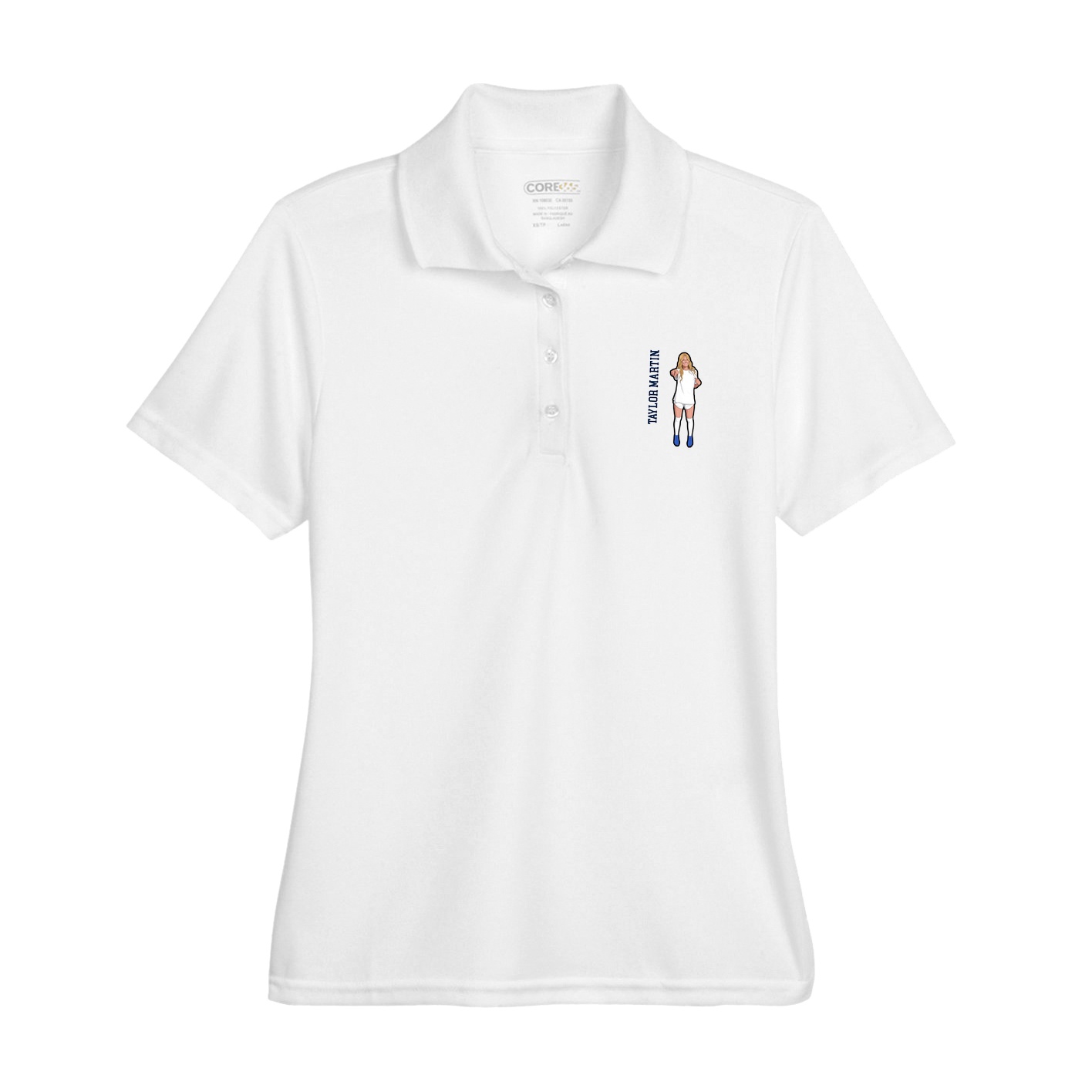 Womens Performance Polo — Name Vertical in White
