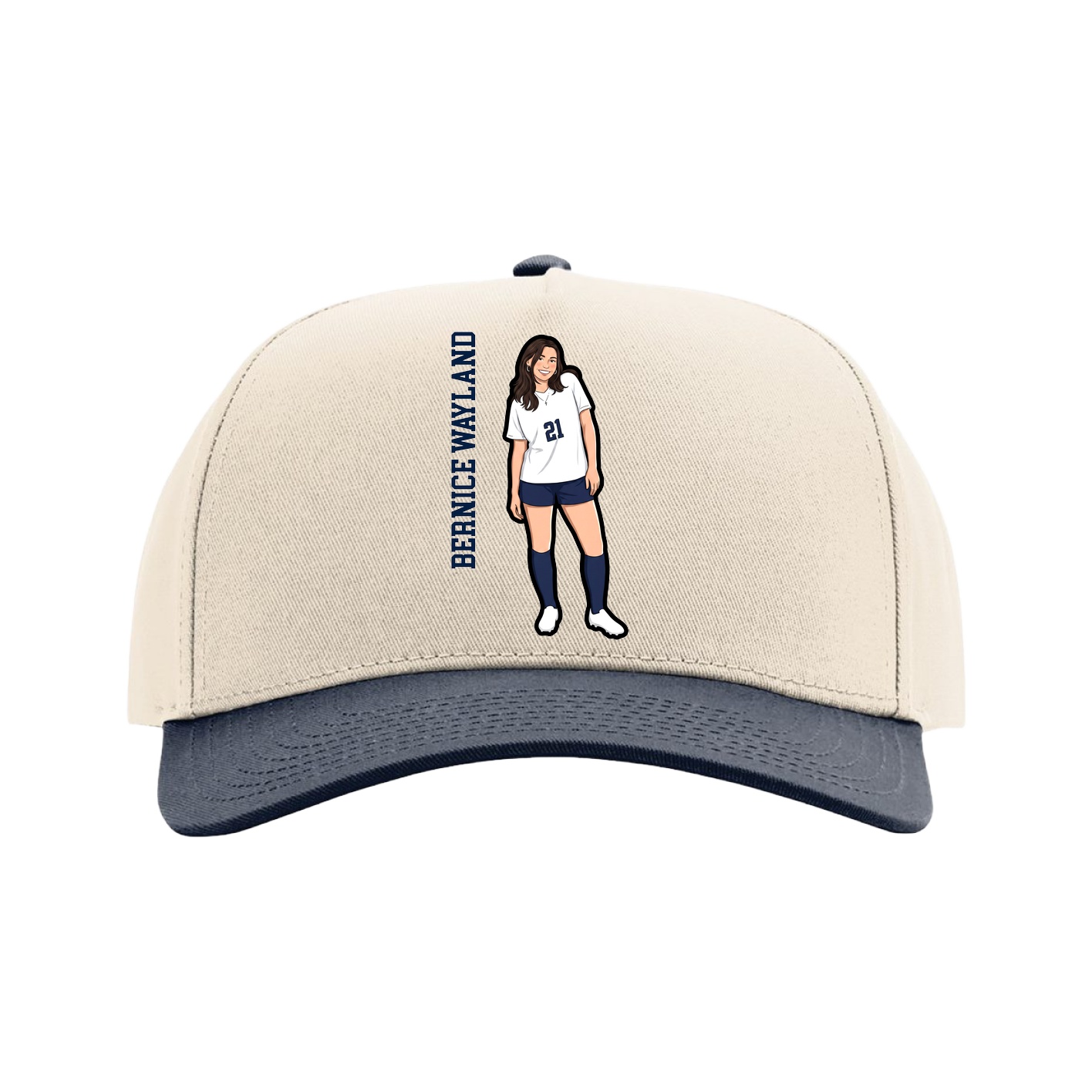 Full Fabric Five-Panel Champ Cap — Name Vertical in Cream/Navy