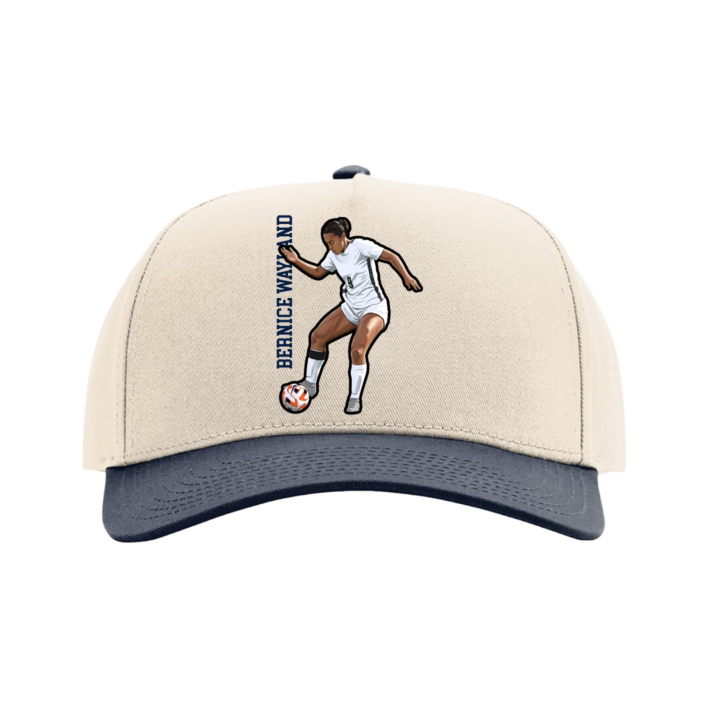 Full Fabric Five-Panel Champ Cap — Name Vertical in Cream/Navy