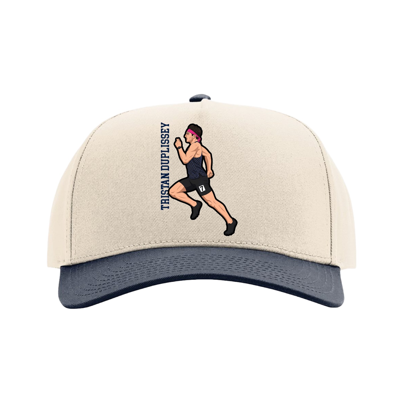 Full Fabric Five-Panel Champ Cap — Name Vertical in Cream/Navy