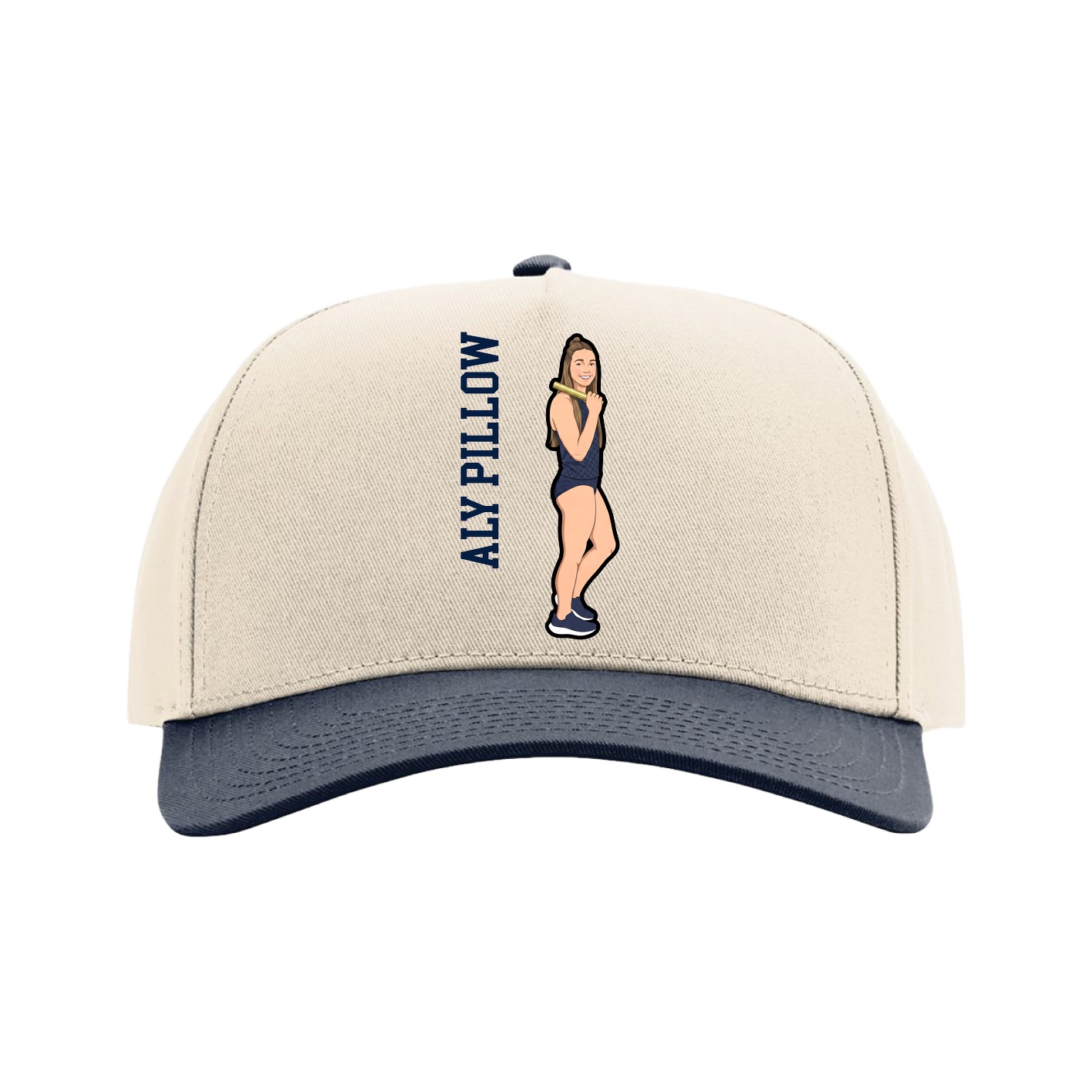 Full Fabric Five-Panel Champ Cap — Name Vertical in Cream/Navy