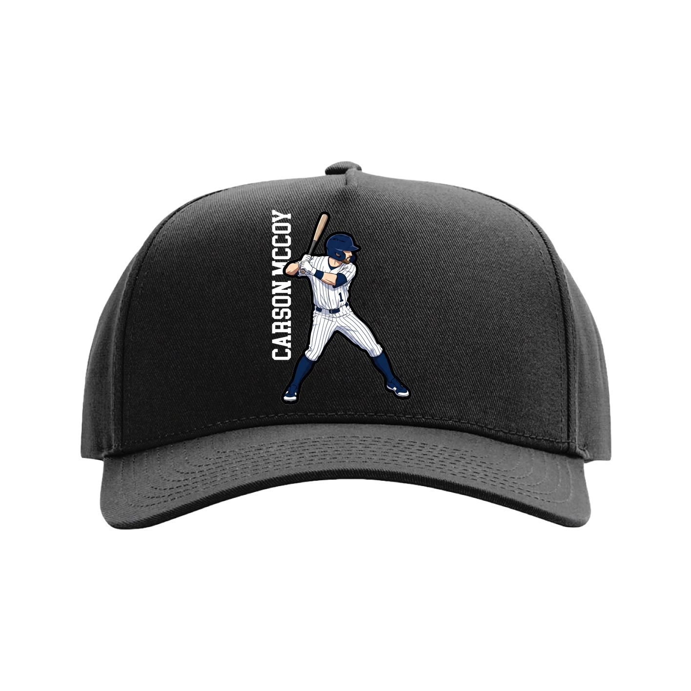 Full Fabric Five-Panel Champ Cap — Name Vertical in Black
