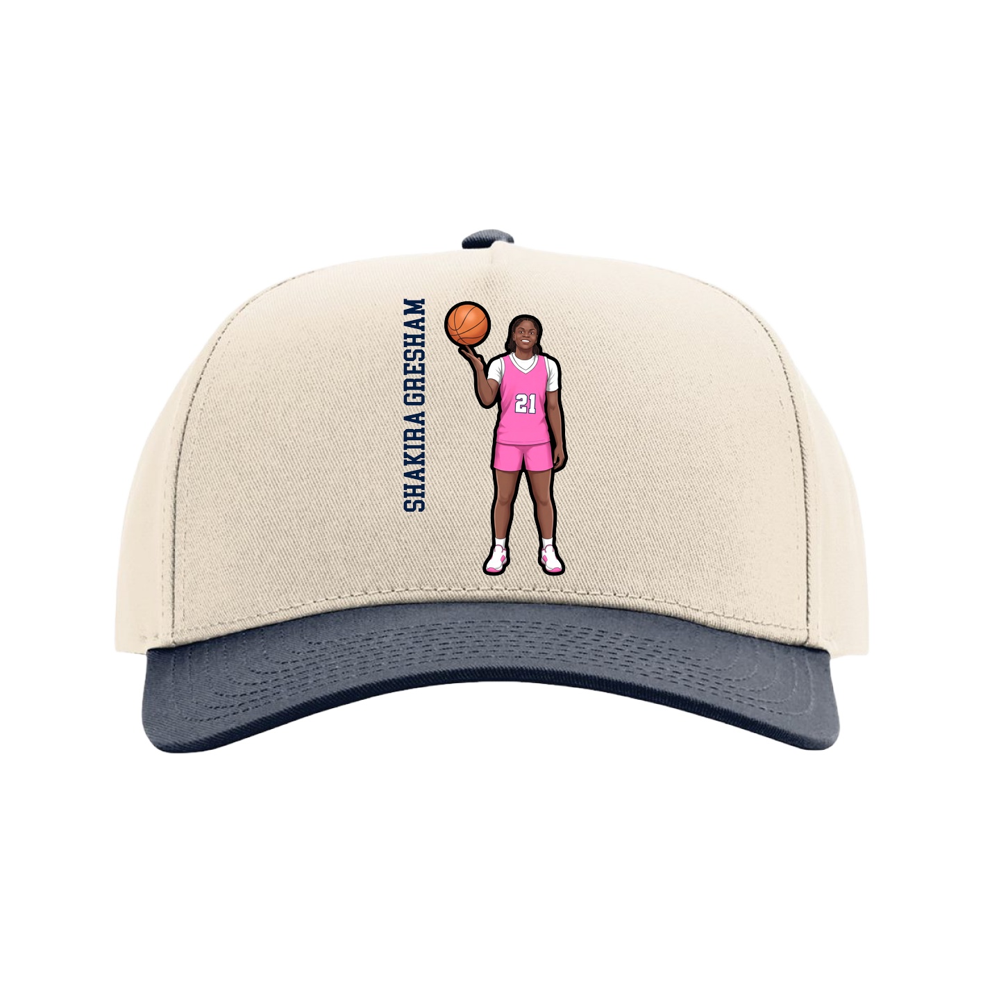 Full Fabric Five-Panel Champ Cap — Name Vertical in Cream/Navy