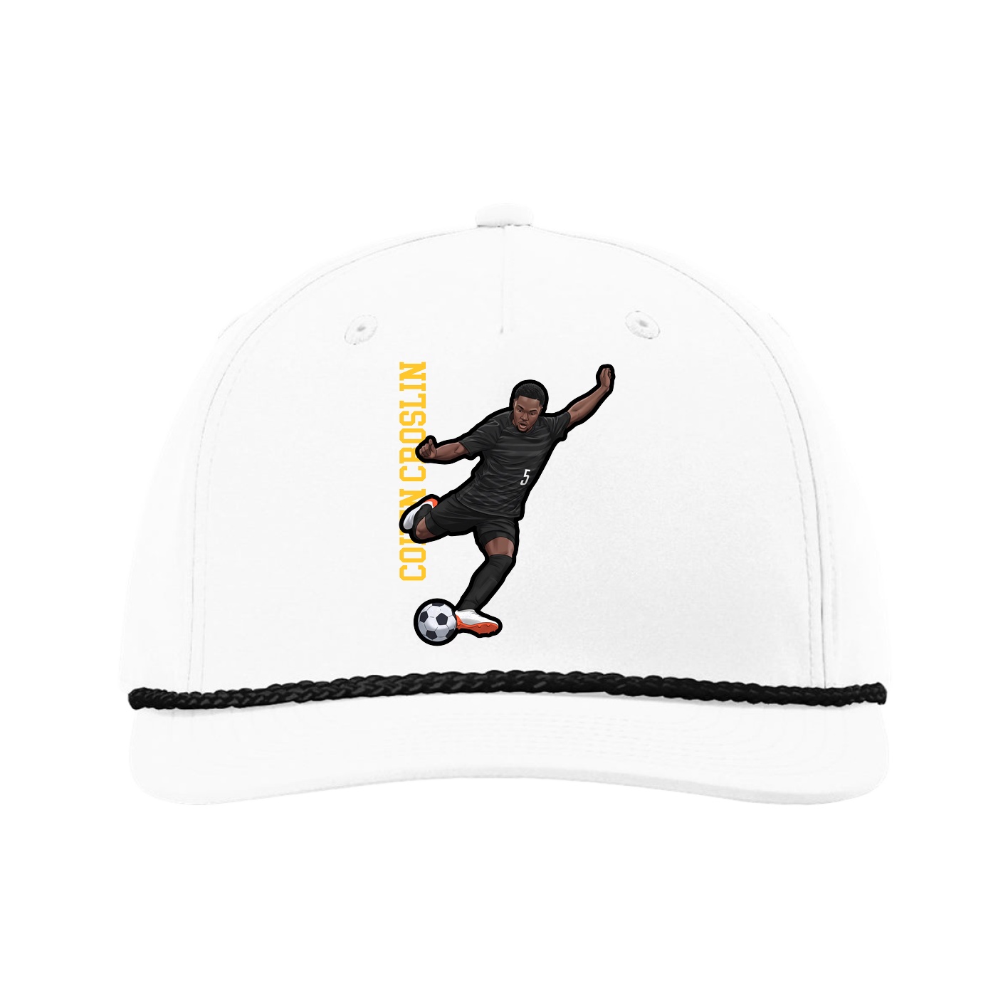 Five-Panel Classic Rope Cap — Name Vertical in White